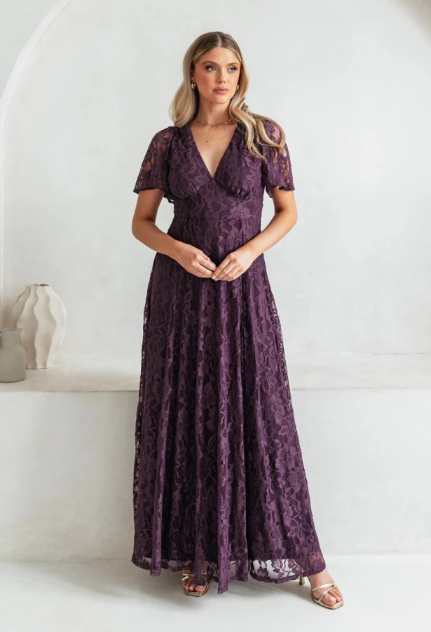 Lace V-Neck Angel Sleeve Maxi Dress - Image 2