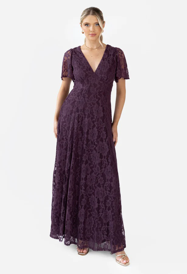 Lace V-Neck Angel Sleeve Maxi Dress - Image 3