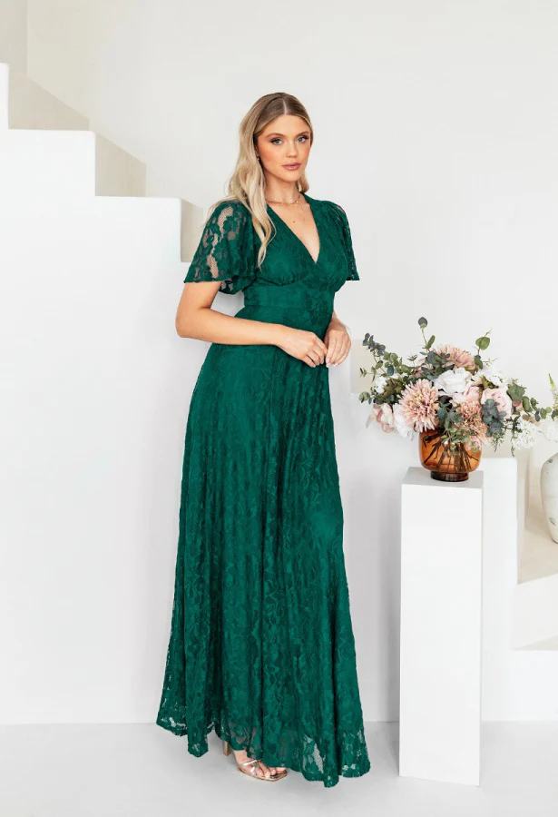 Lace V-Neck Angel Sleeve Maxi Dress - Image 9