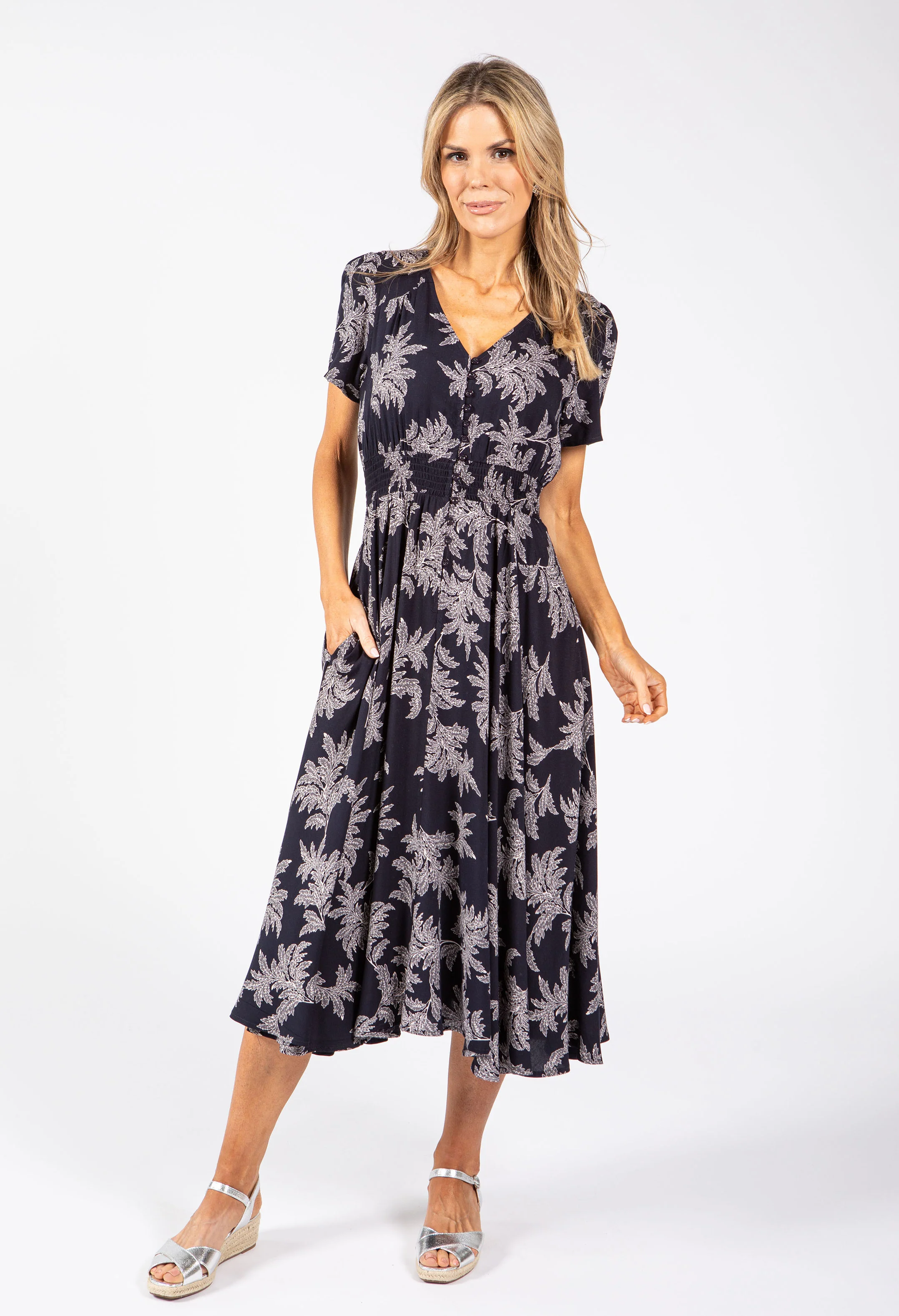 Leaf Print Buttoned Midi Dress - Image 2