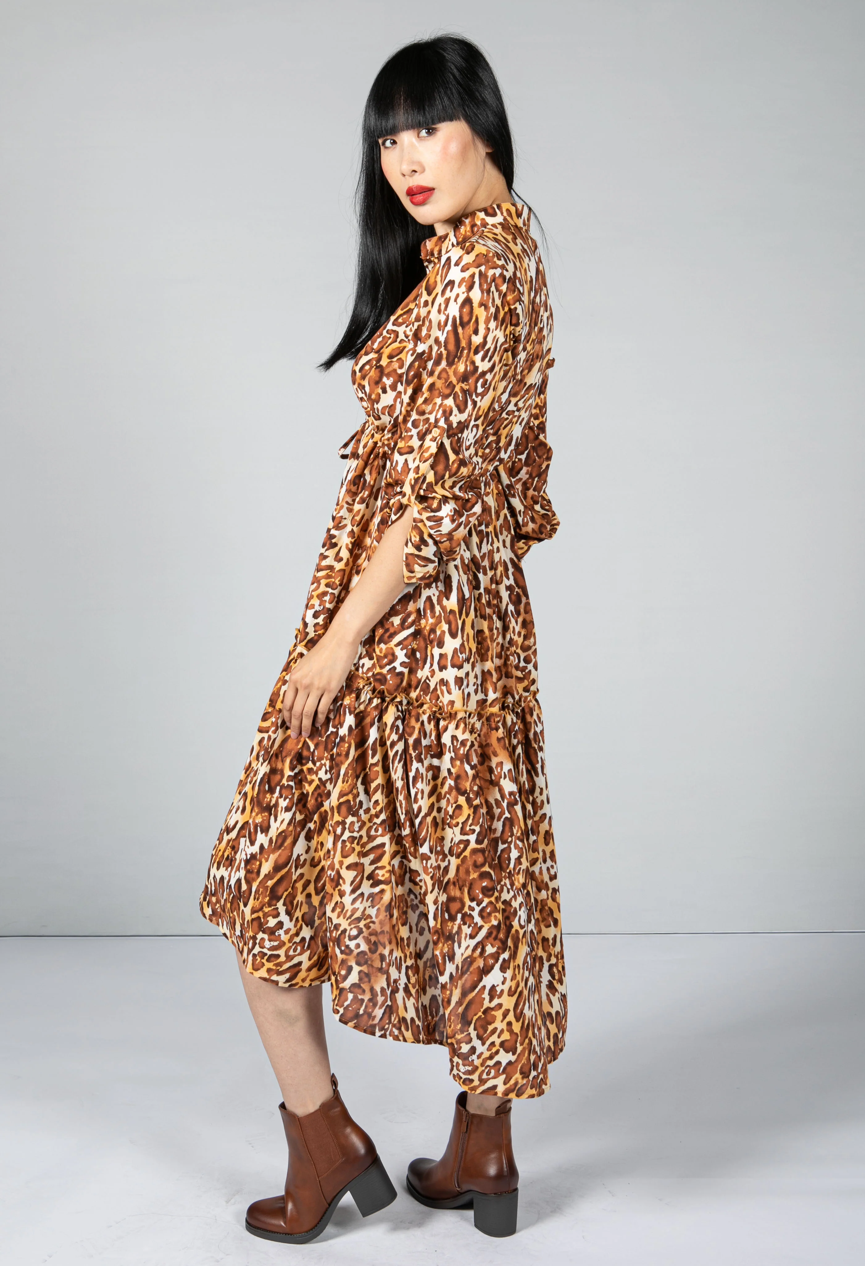 Leopard Print Tiered Shirt Dress In Brown - Image 3
