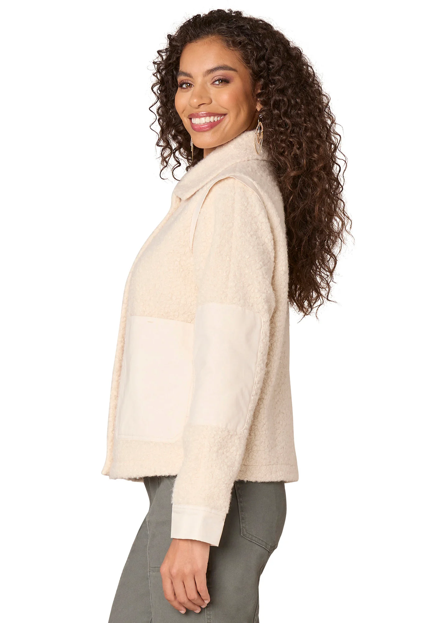 Long Sleeve Flange Shoulder Wide Collar Neck Zip Front Woven Jacket - Image 2