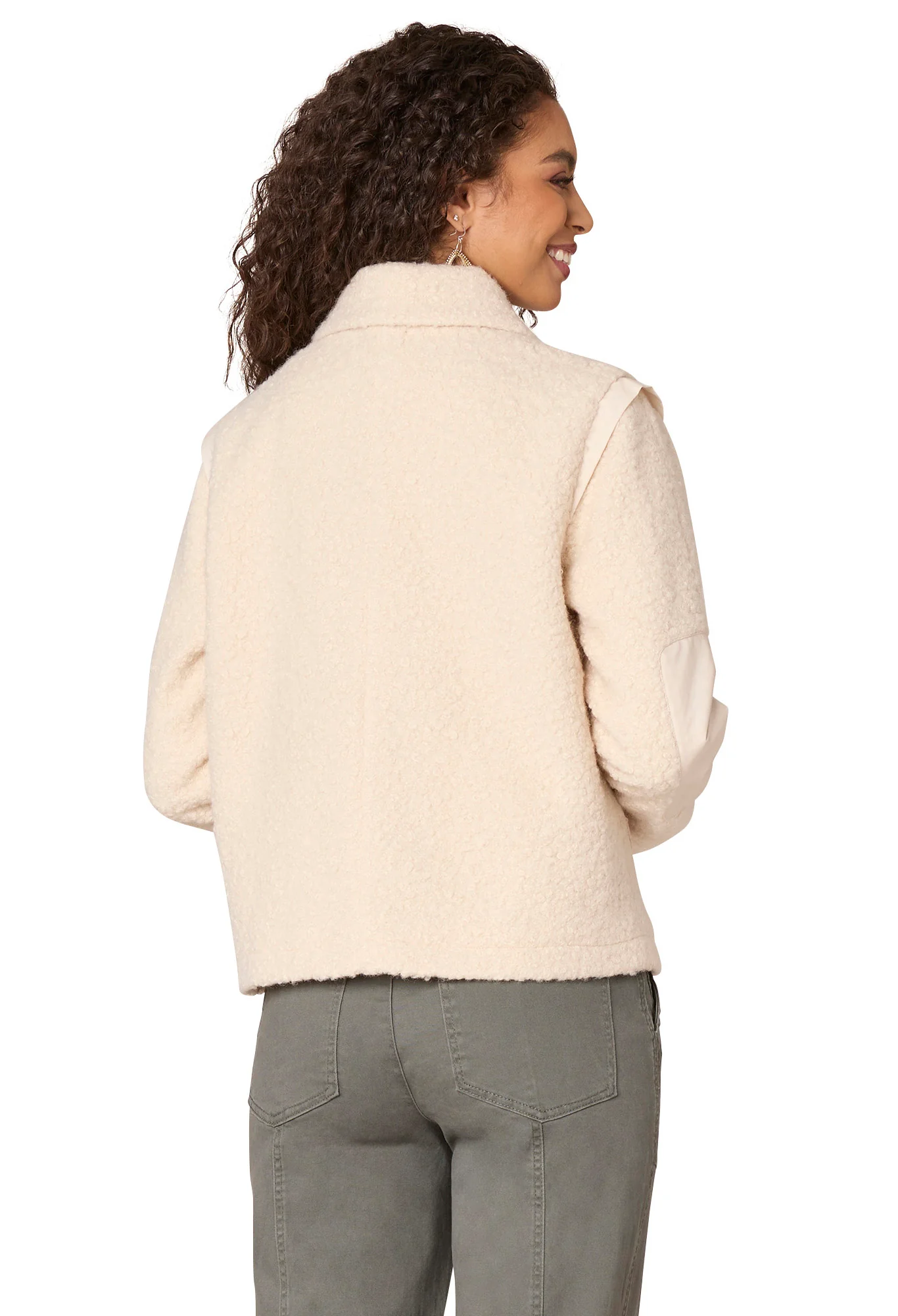 Long Sleeve Flange Shoulder Wide Collar Neck Zip Front Woven Jacket - Image 3