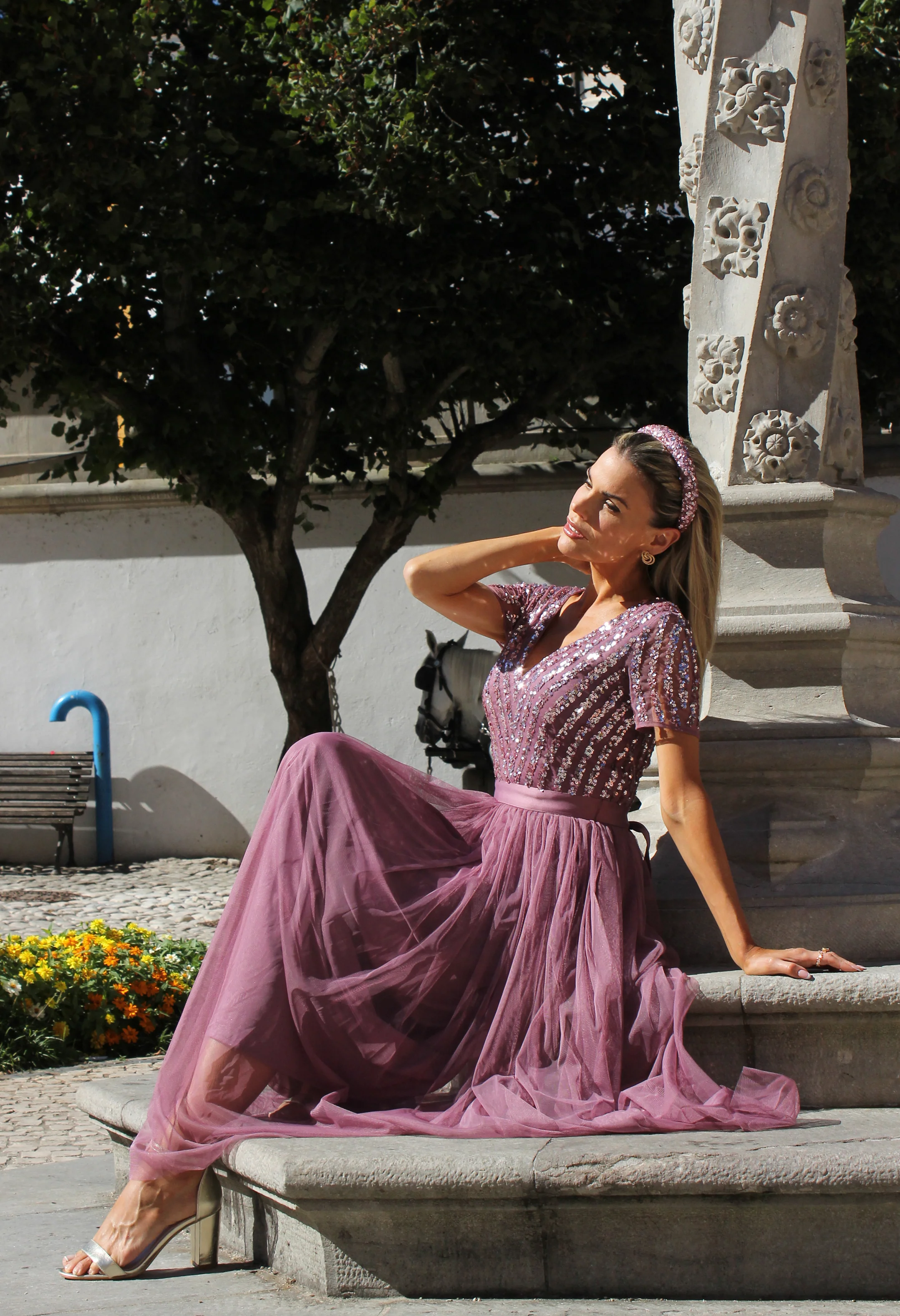 Lotus Pink V NECK SEQUIN AND TULLE DRESS WITH TIE WAIST - Image 3