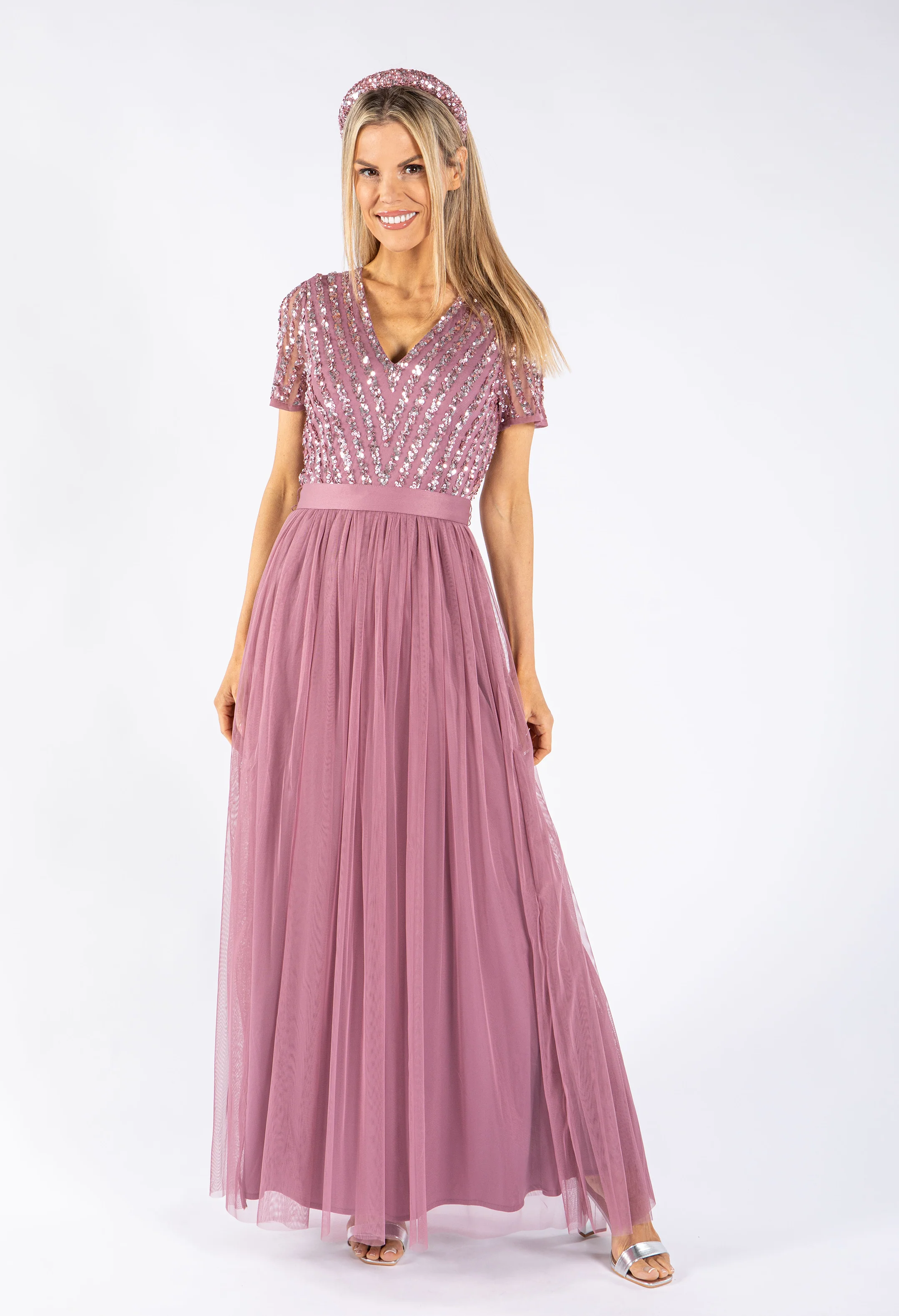 Lotus Pink V NECK SEQUIN AND TULLE DRESS WITH TIE WAIST - Image 5