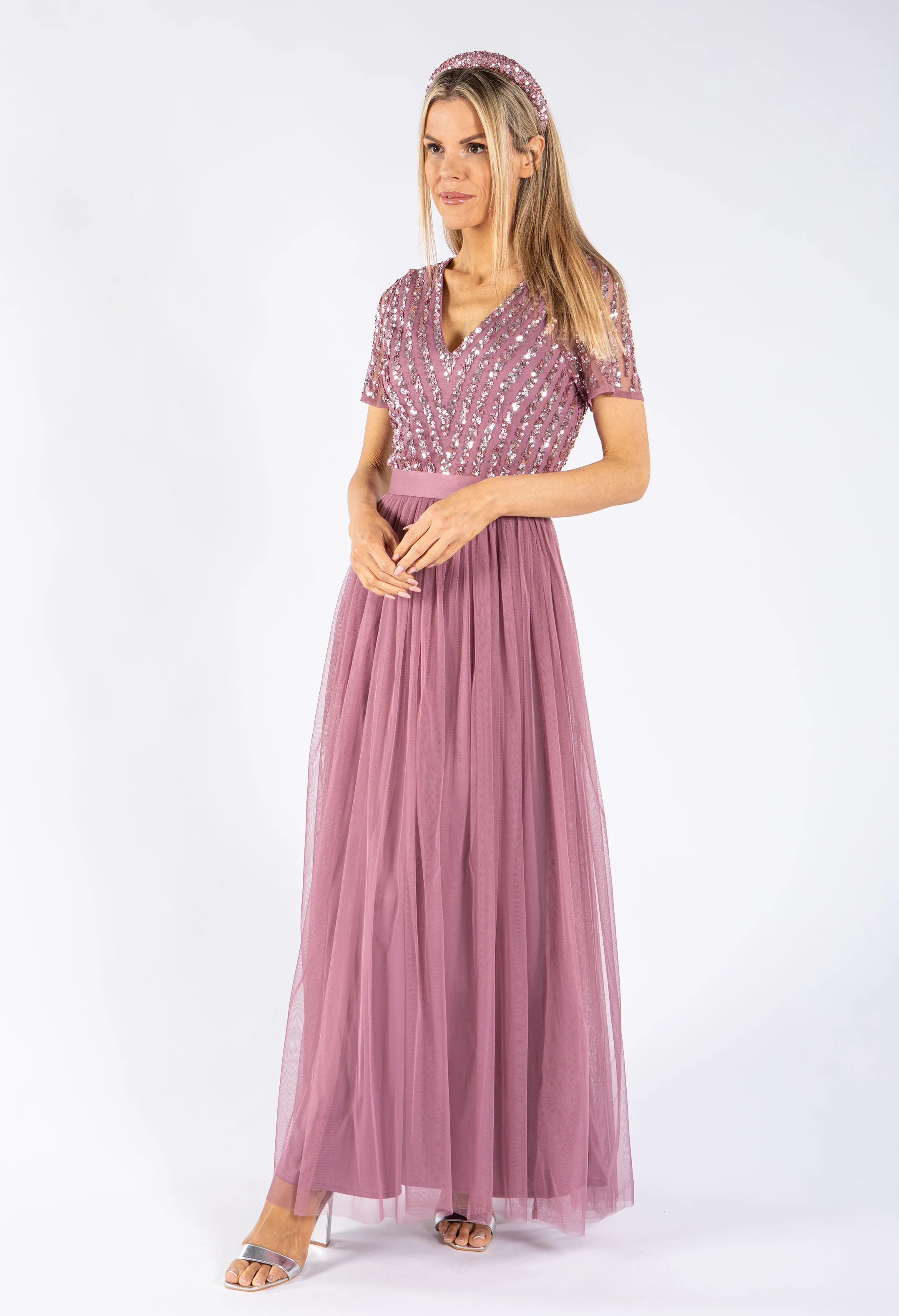Lotus Pink V NECK SEQUIN AND TULLE DRESS WITH TIE WAIST - Image 6