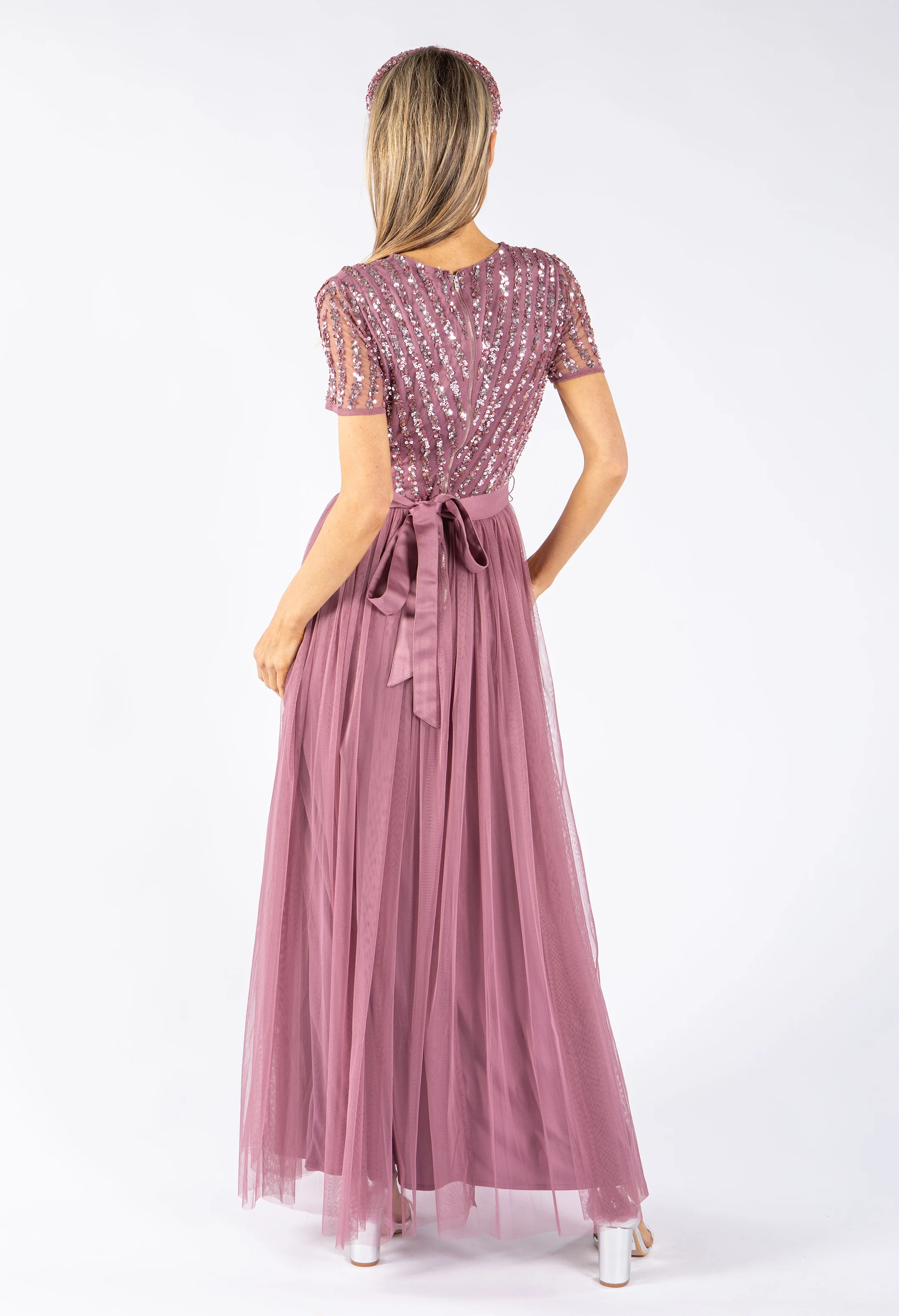 Lotus Pink V NECK SEQUIN AND TULLE DRESS WITH TIE WAIST - Image 7