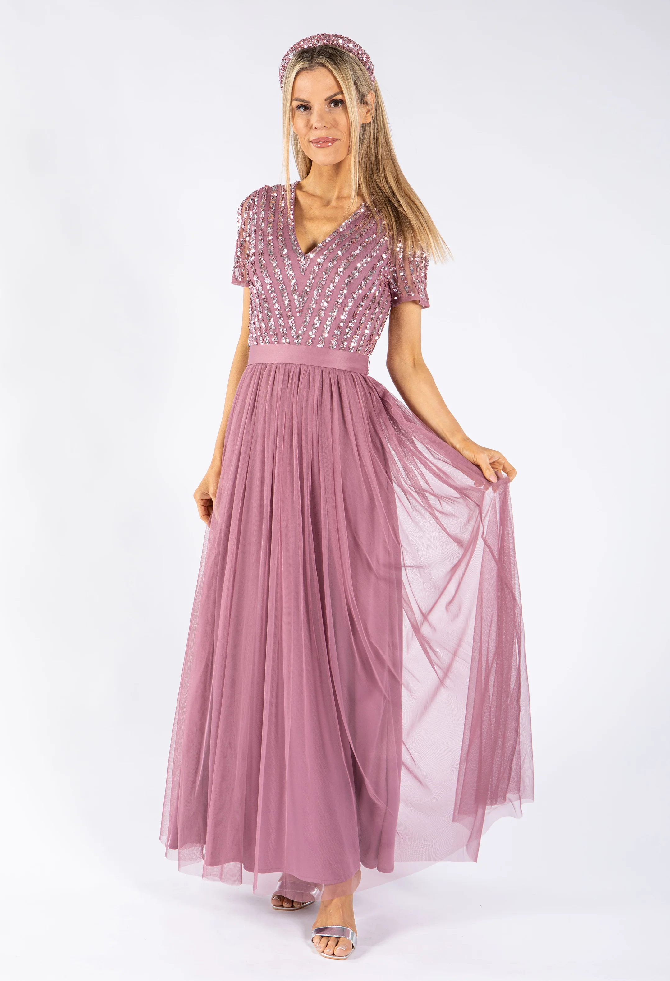 Lotus Pink V NECK SEQUIN AND TULLE DRESS WITH TIE WAIST - Image 9