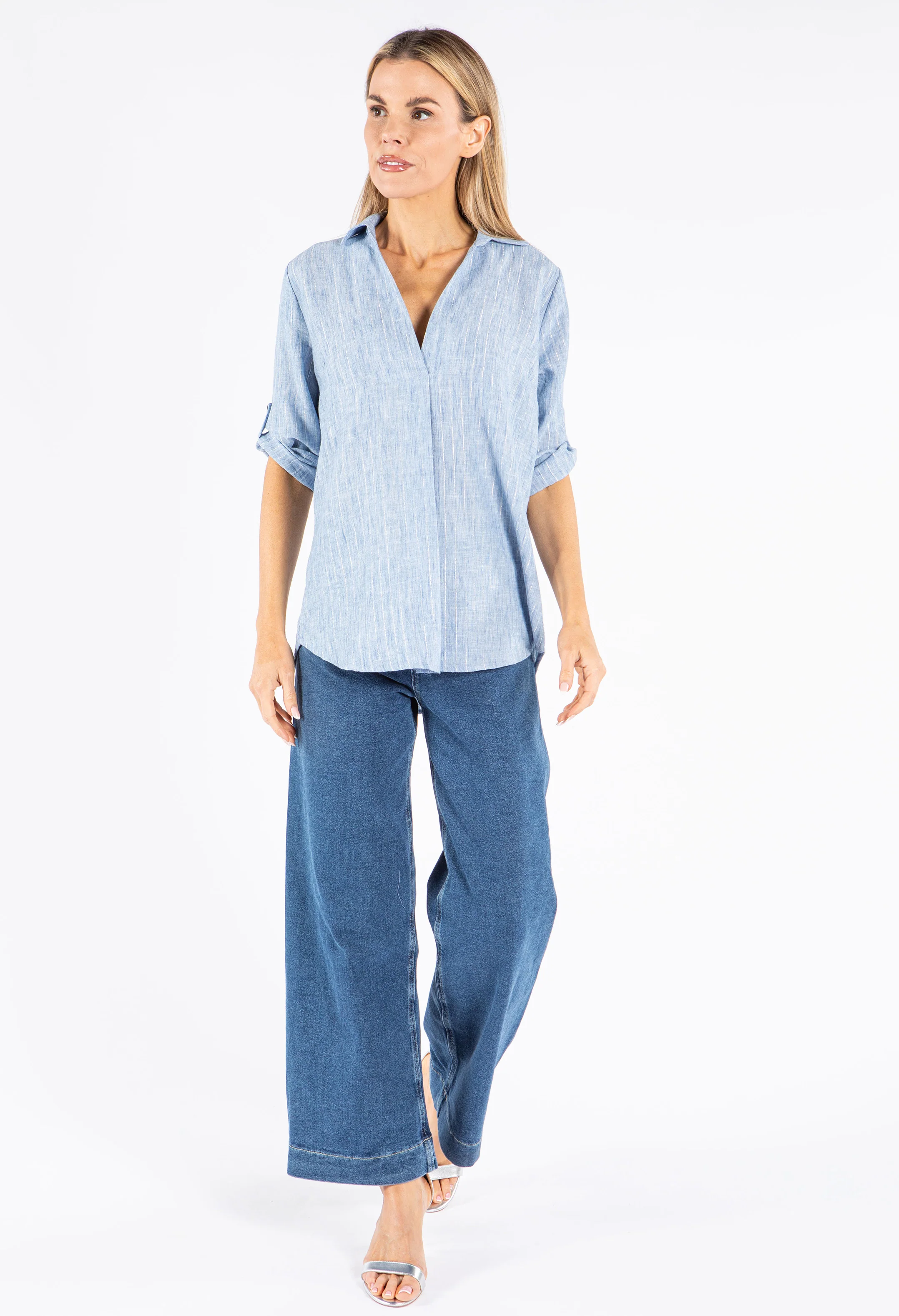 Lurex Pinstripe V Neck Shirt - Image 2