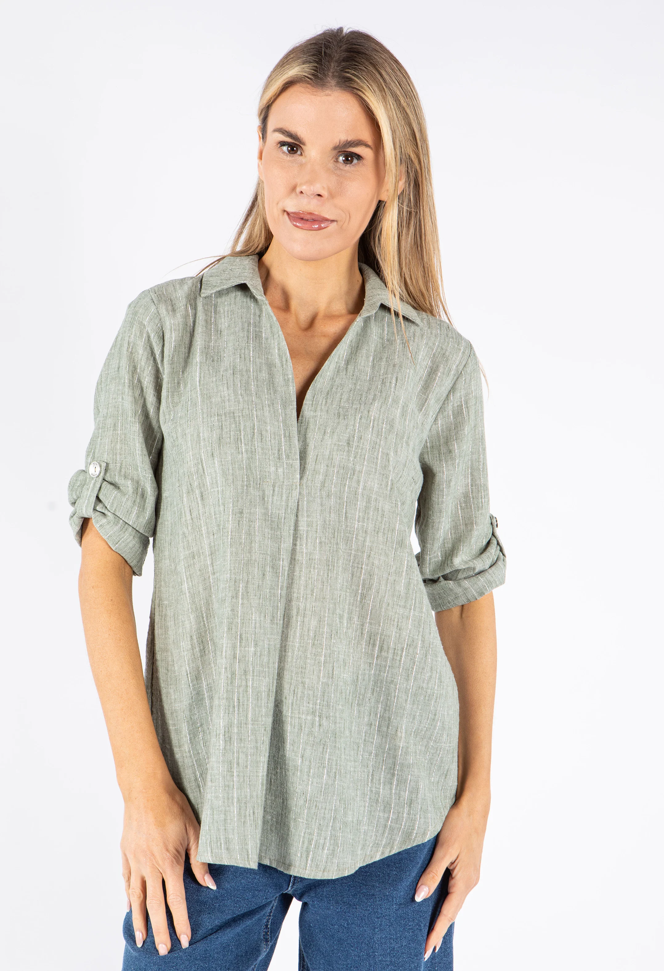 Lurex Pinstripe V Neck Shirt - Image 8