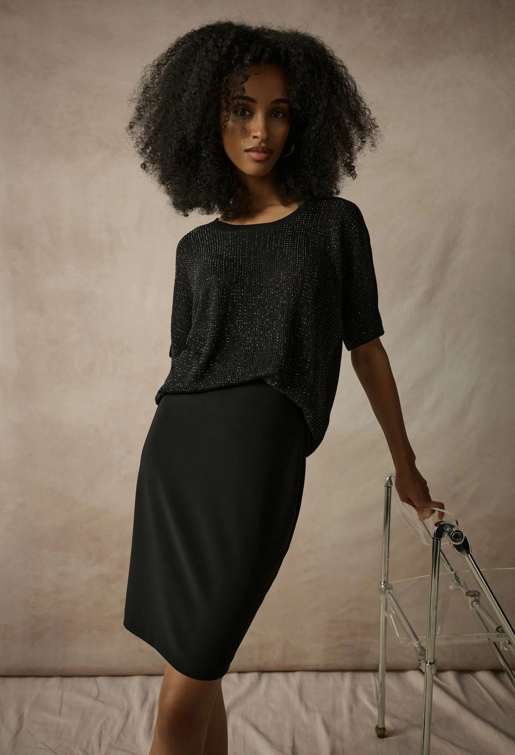 Metallic Knitted T-shirt with Rhinestones