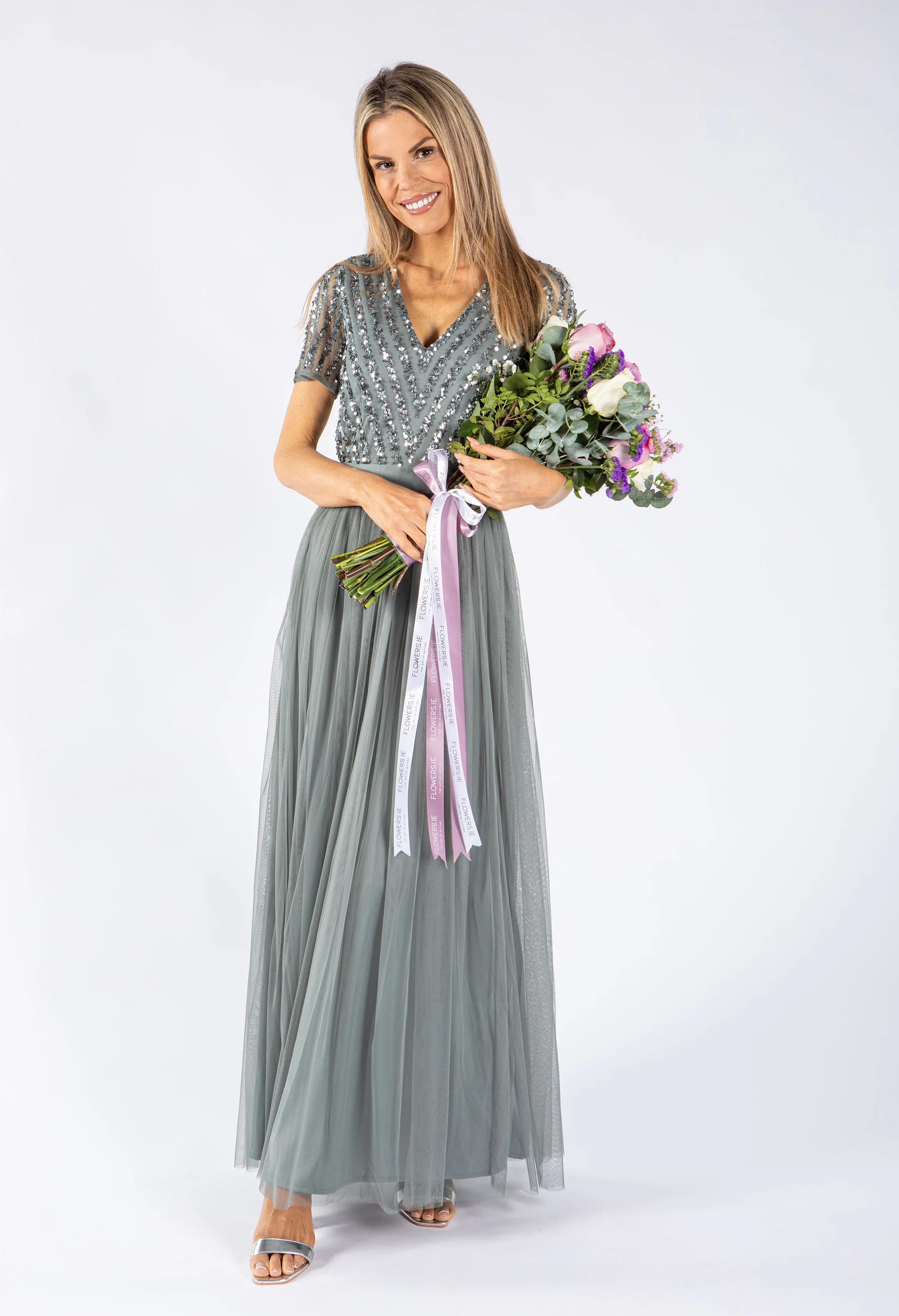 MISTY GREEN V NECK SEQUIN AND TULLE DRESS WITH TIE WAIST - Image 2