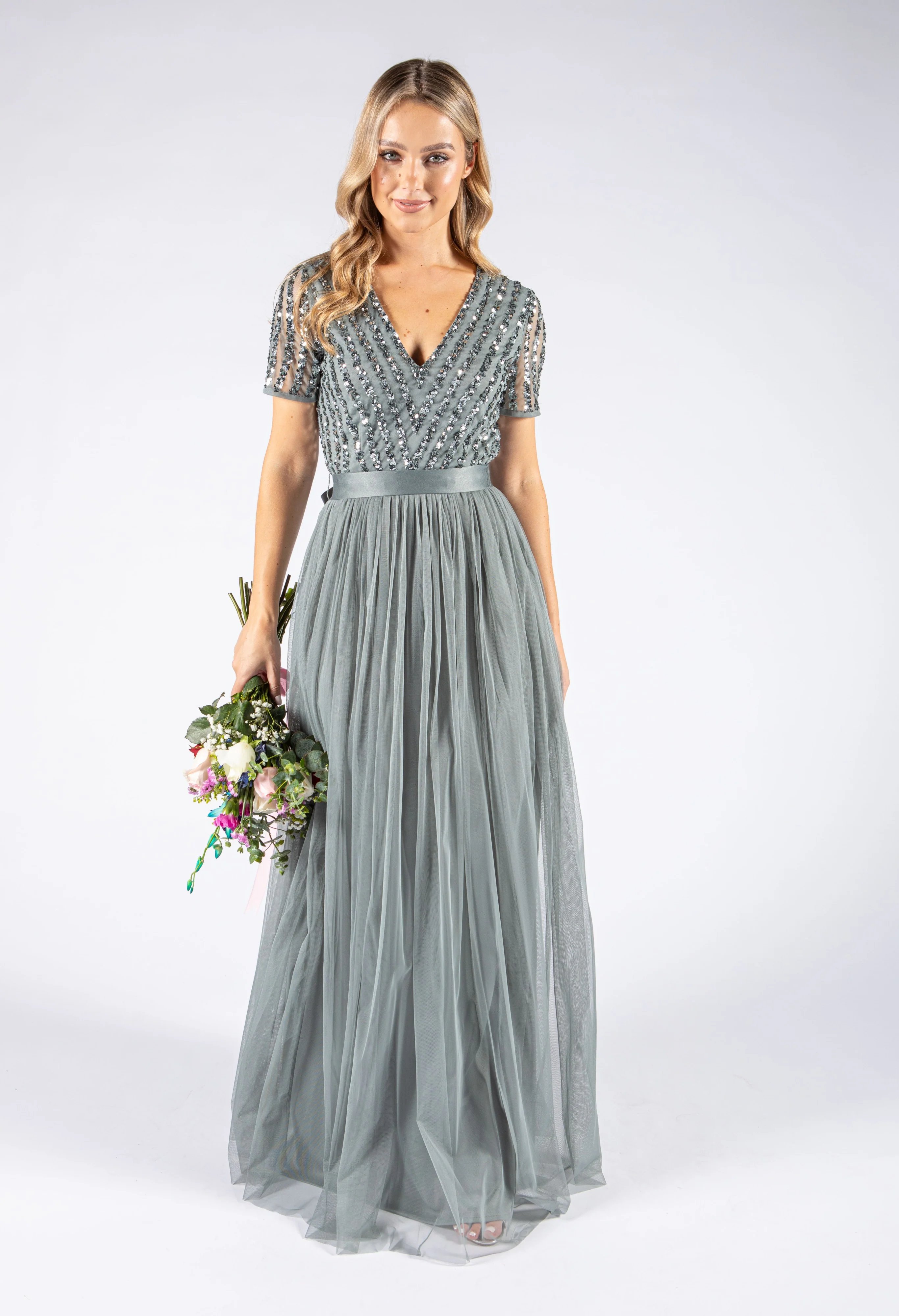 MISTY GREEN V NECK SEQUIN AND TULLE DRESS WITH TIE WAIST - Image 3