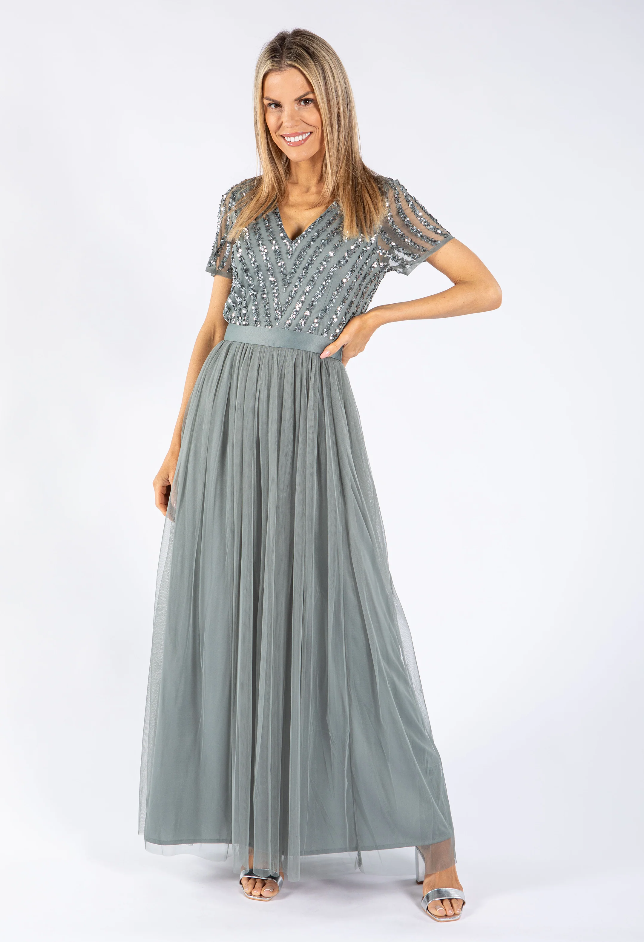MISTY GREEN V NECK SEQUIN AND TULLE DRESS WITH TIE WAIST - Image 4