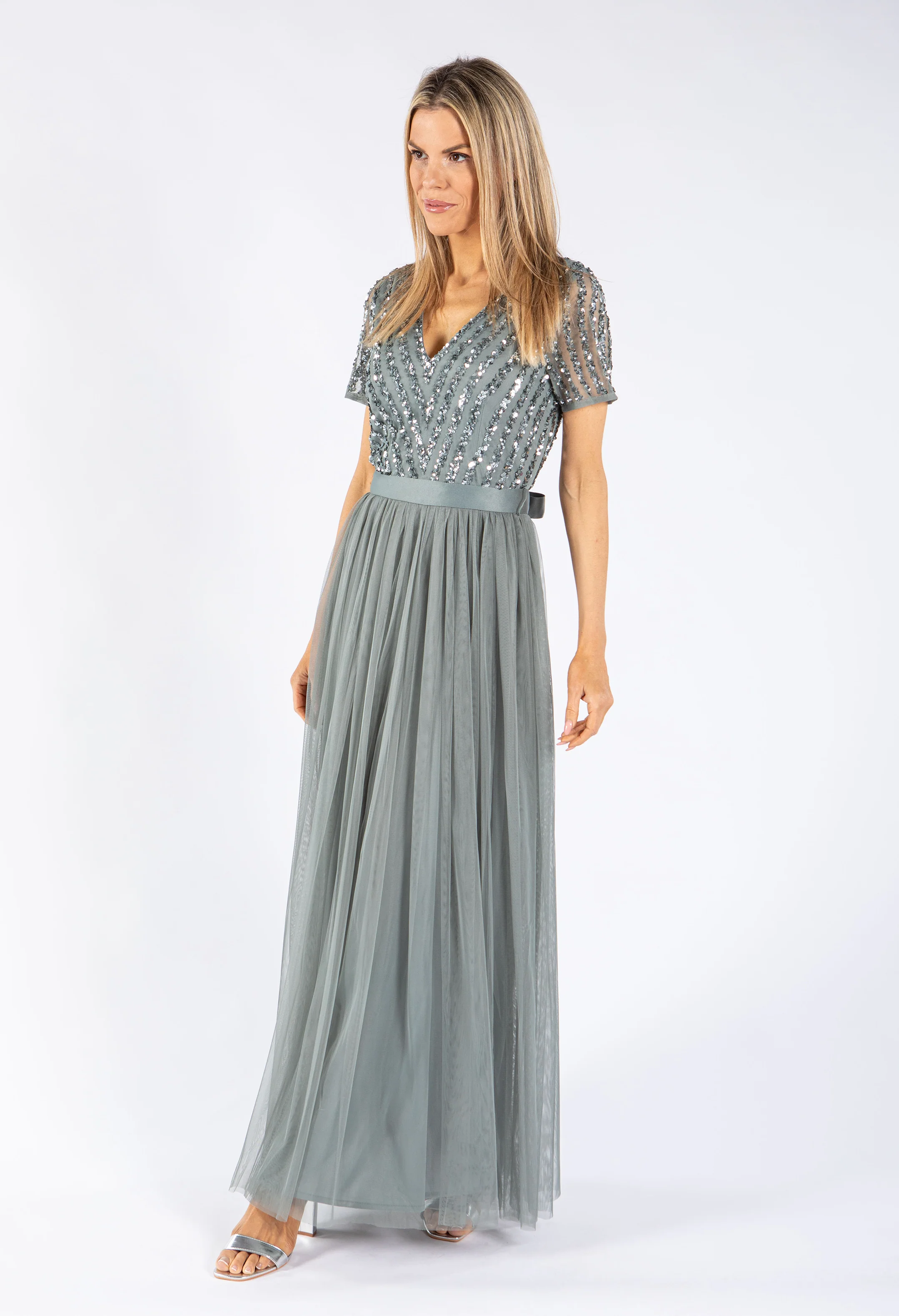 MISTY GREEN V NECK SEQUIN AND TULLE DRESS WITH TIE WAIST - Image 5