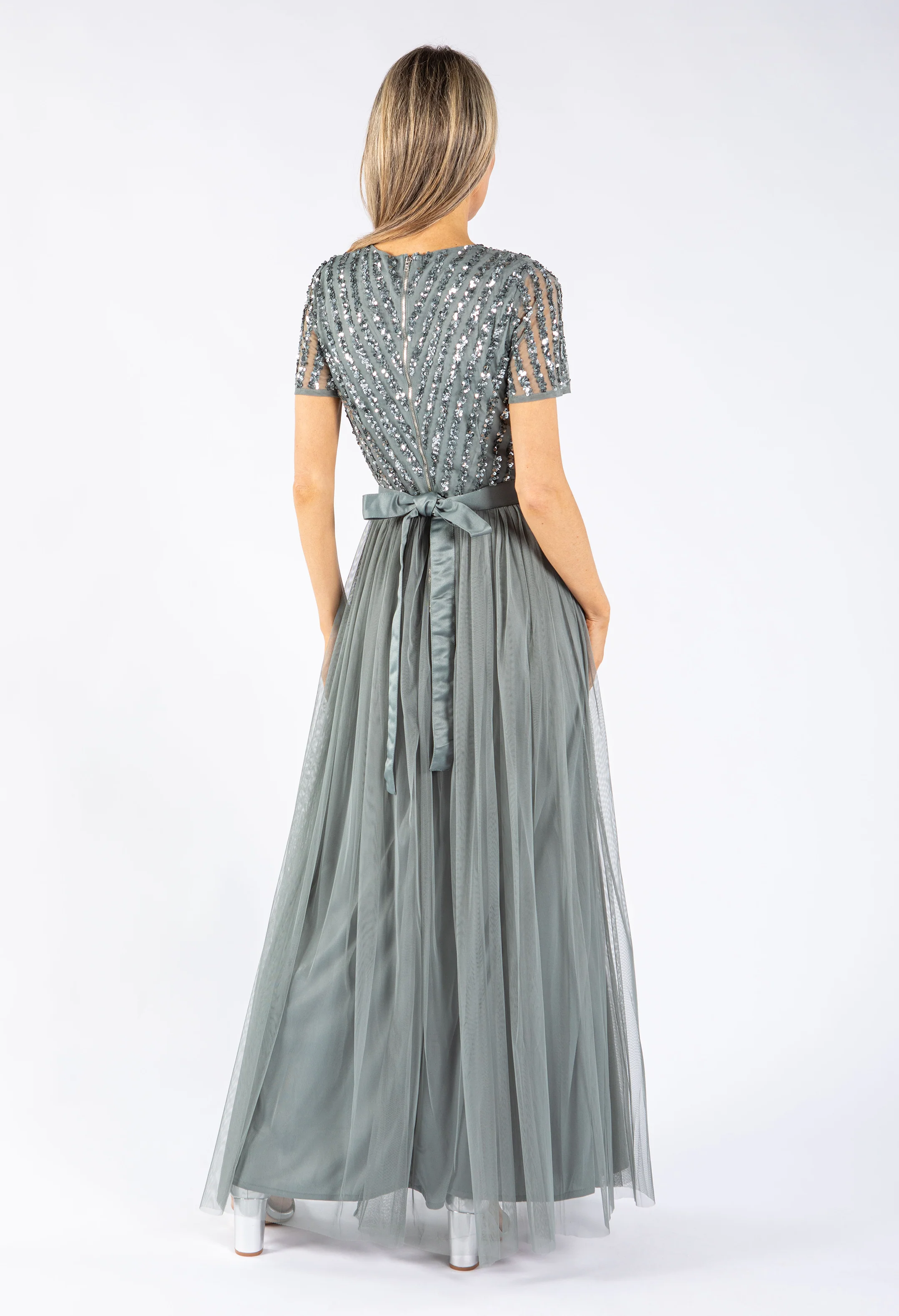 MISTY GREEN V NECK SEQUIN AND TULLE DRESS WITH TIE WAIST - Image 6