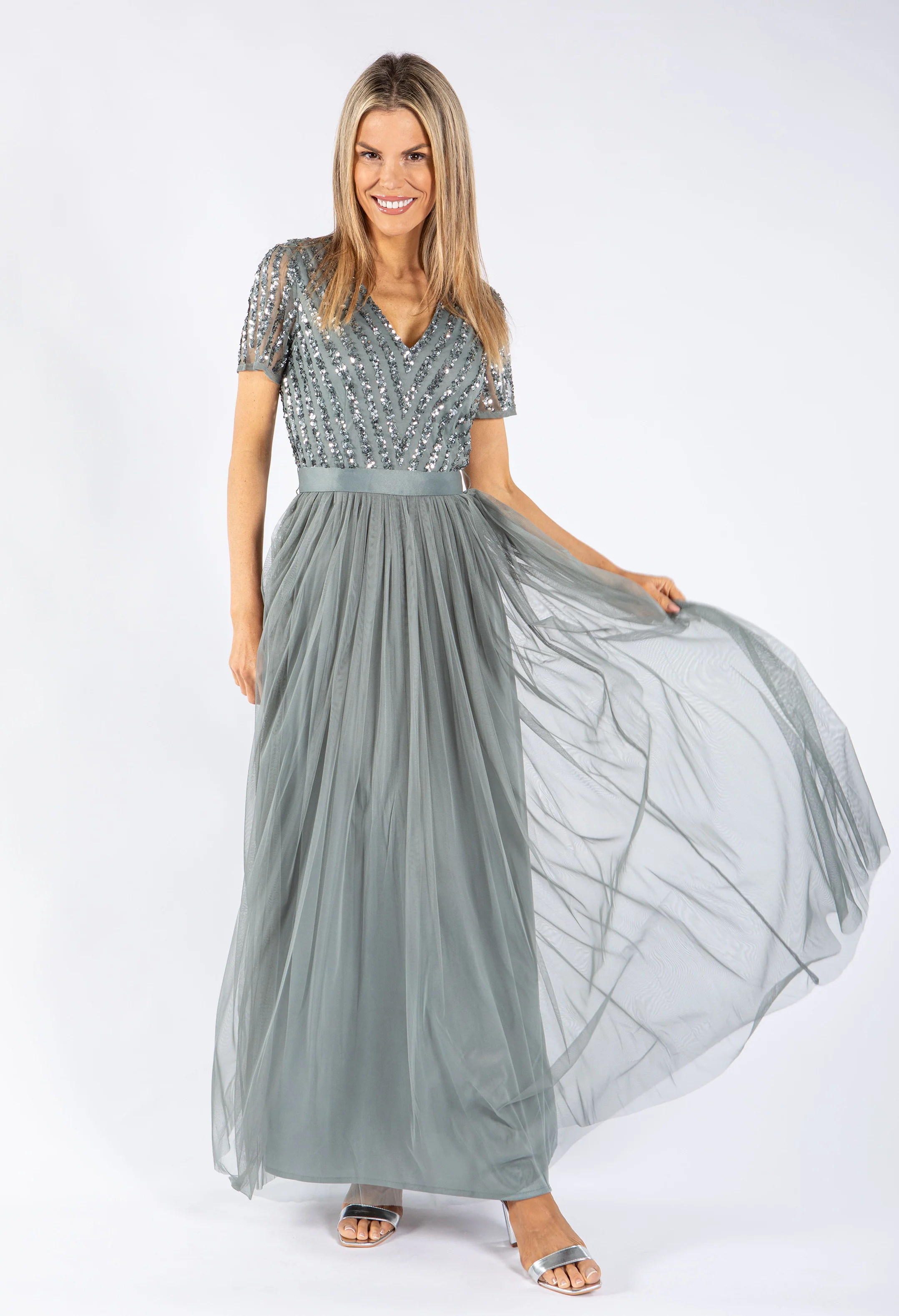 MISTY GREEN V NECK SEQUIN AND TULLE DRESS WITH TIE WAIST - Image 7