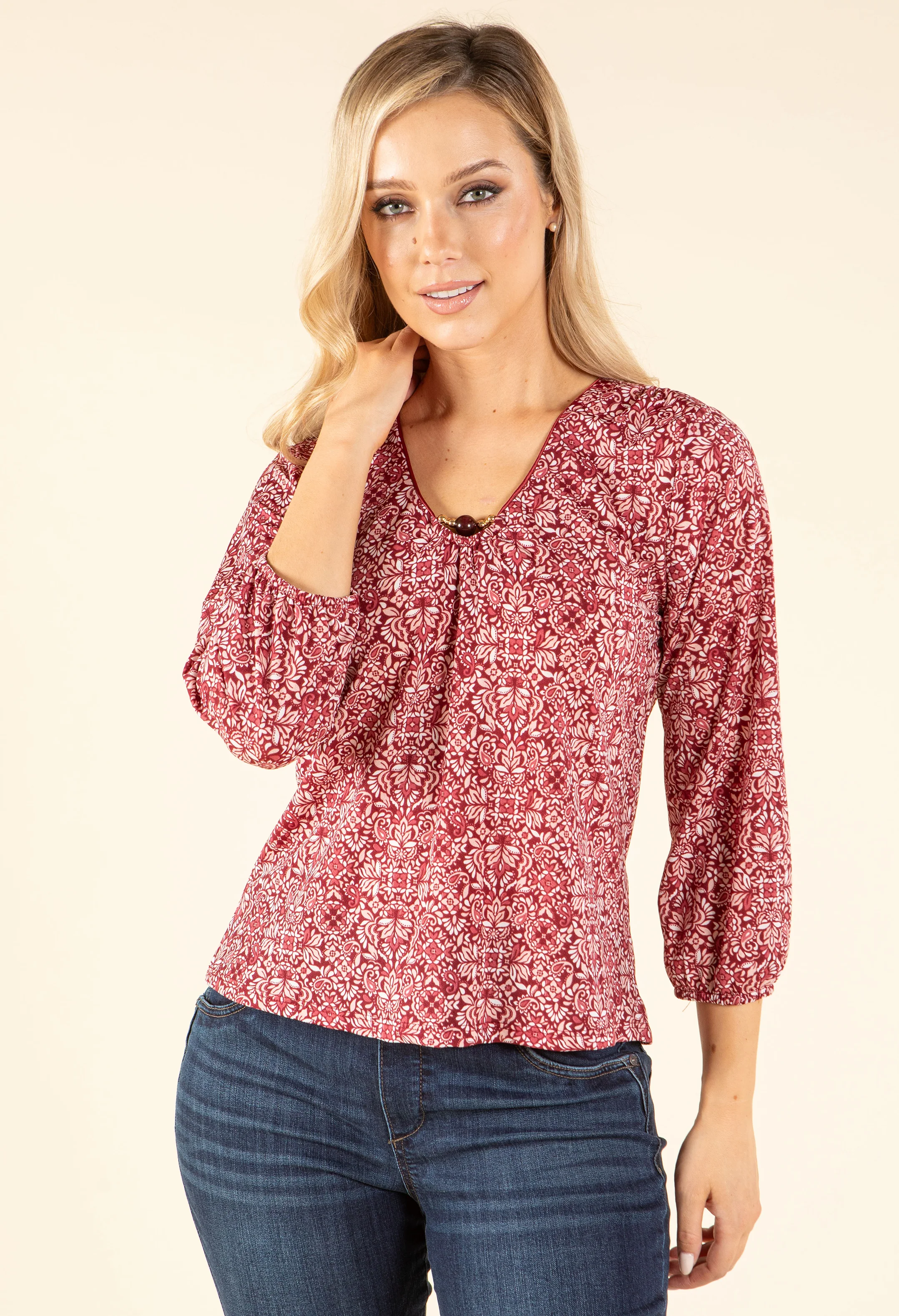 Mosaic Print V-Neck Blouse - Image 3