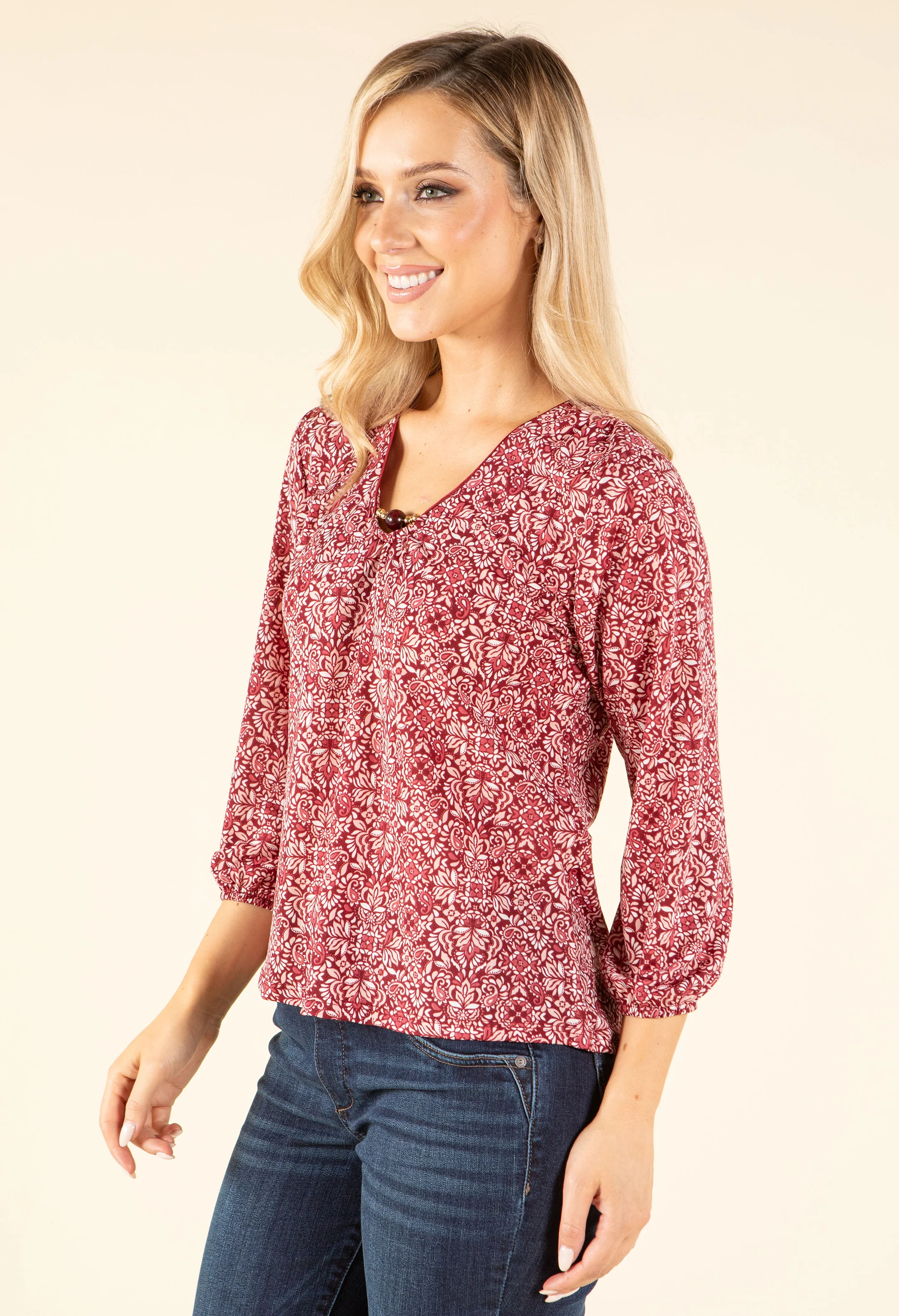 Mosaic Print V-Neck Blouse - Image 4