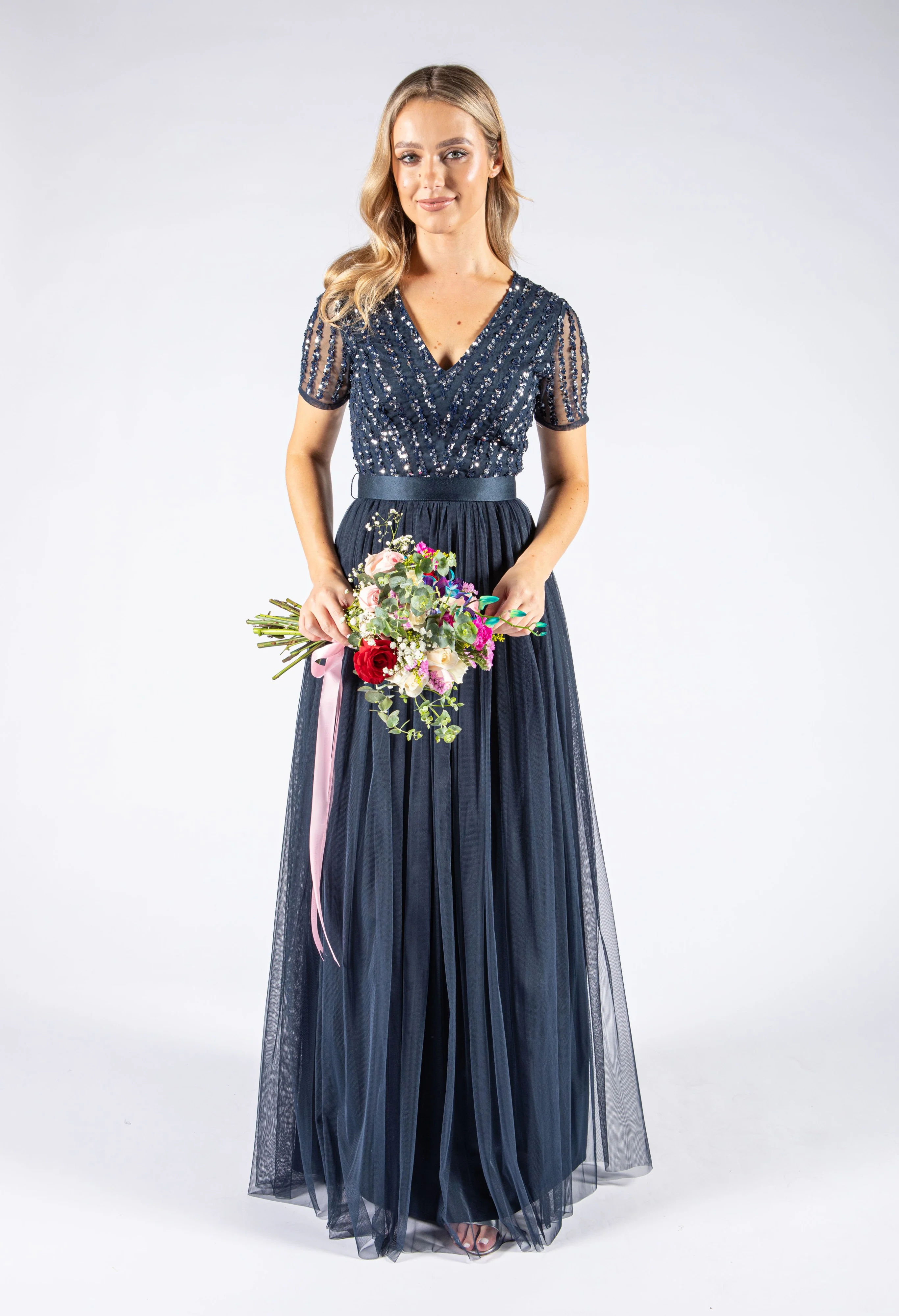NAVY V NECK SEQUIN AND TULLE DRESS WITH TIE WAIST - Image 2