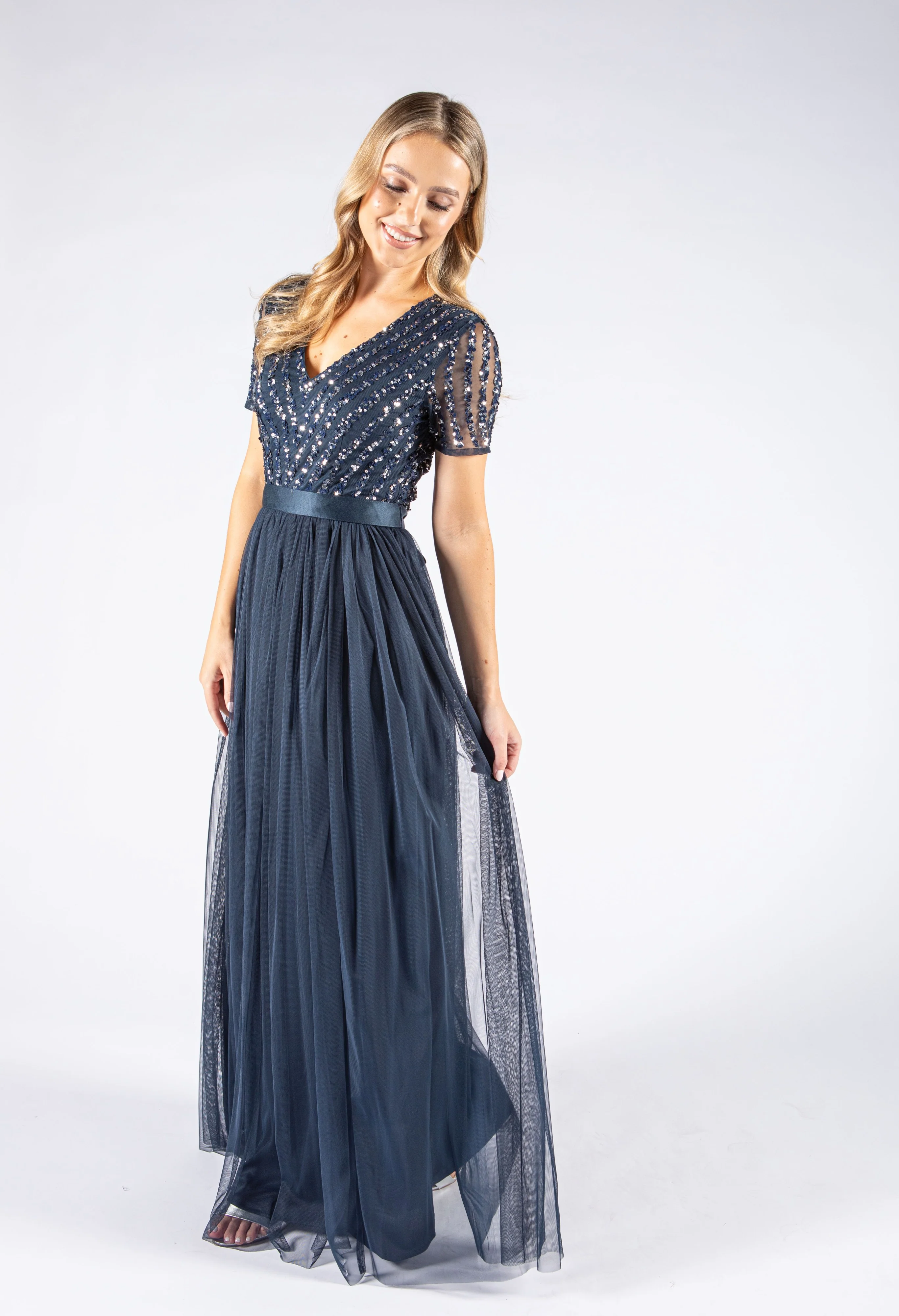 NAVY V NECK SEQUIN AND TULLE DRESS WITH TIE WAIST - Image 3