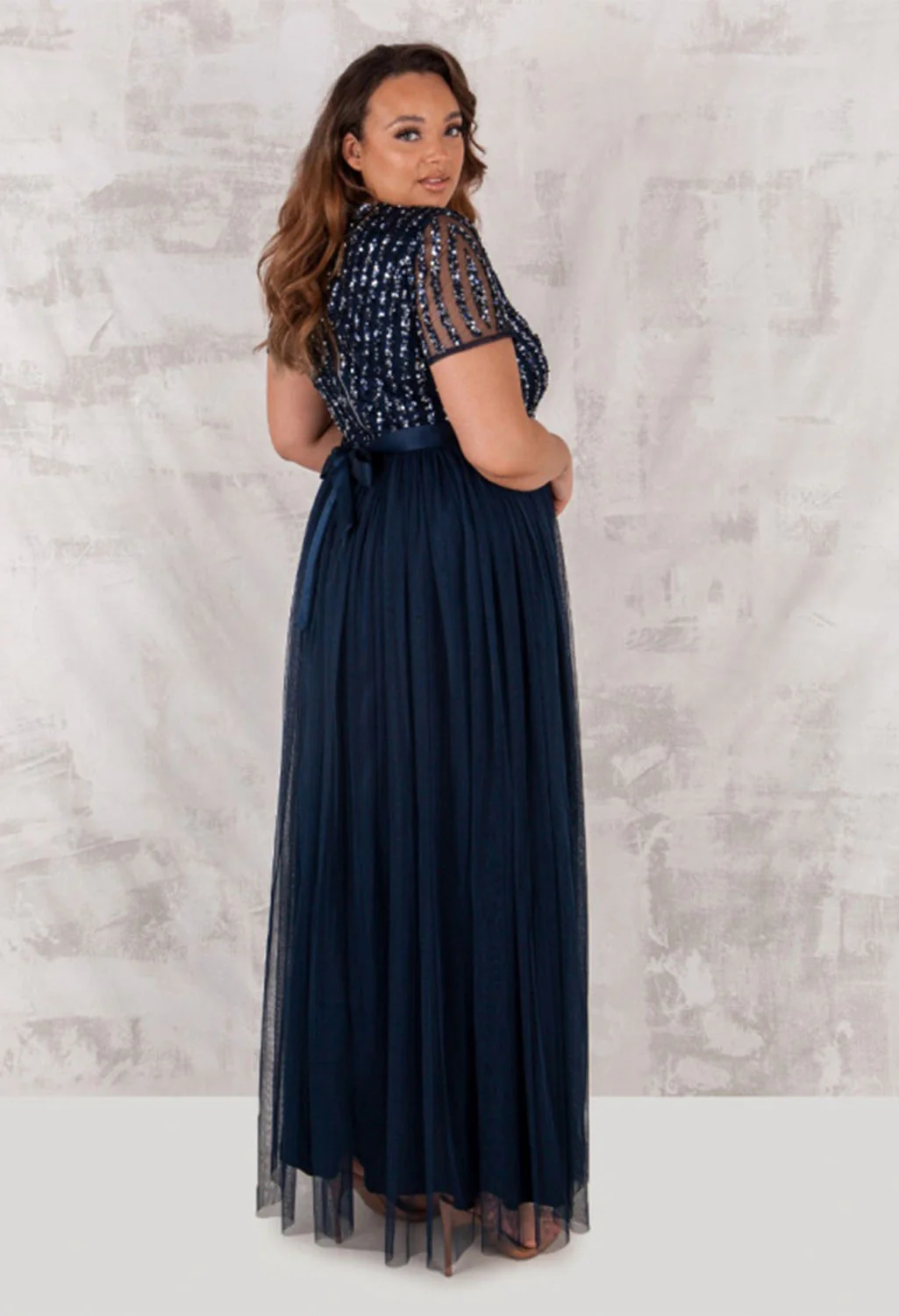 NAVY V NECK SEQUIN AND TULLE DRESS WITH TIE WAIST - Image 4