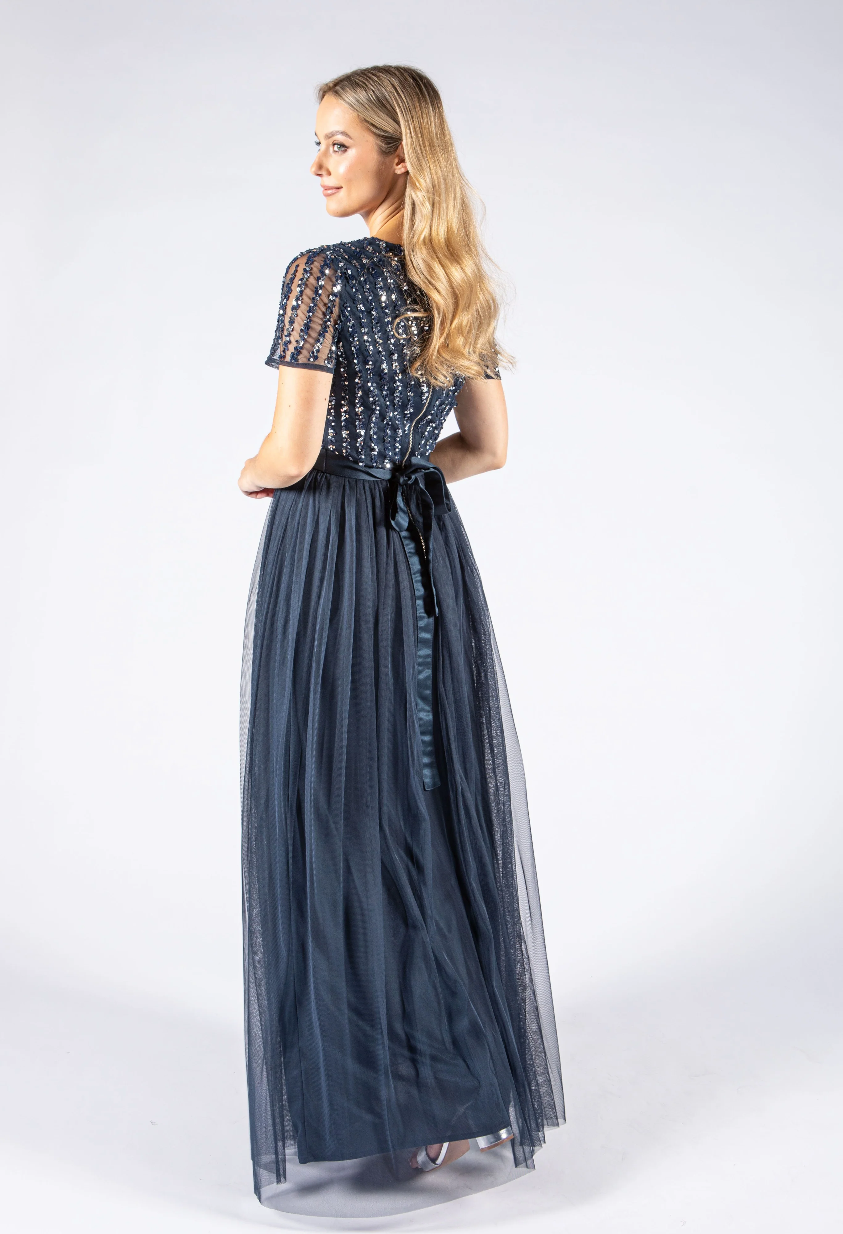 NAVY V NECK SEQUIN AND TULLE DRESS WITH TIE WAIST - Image 5