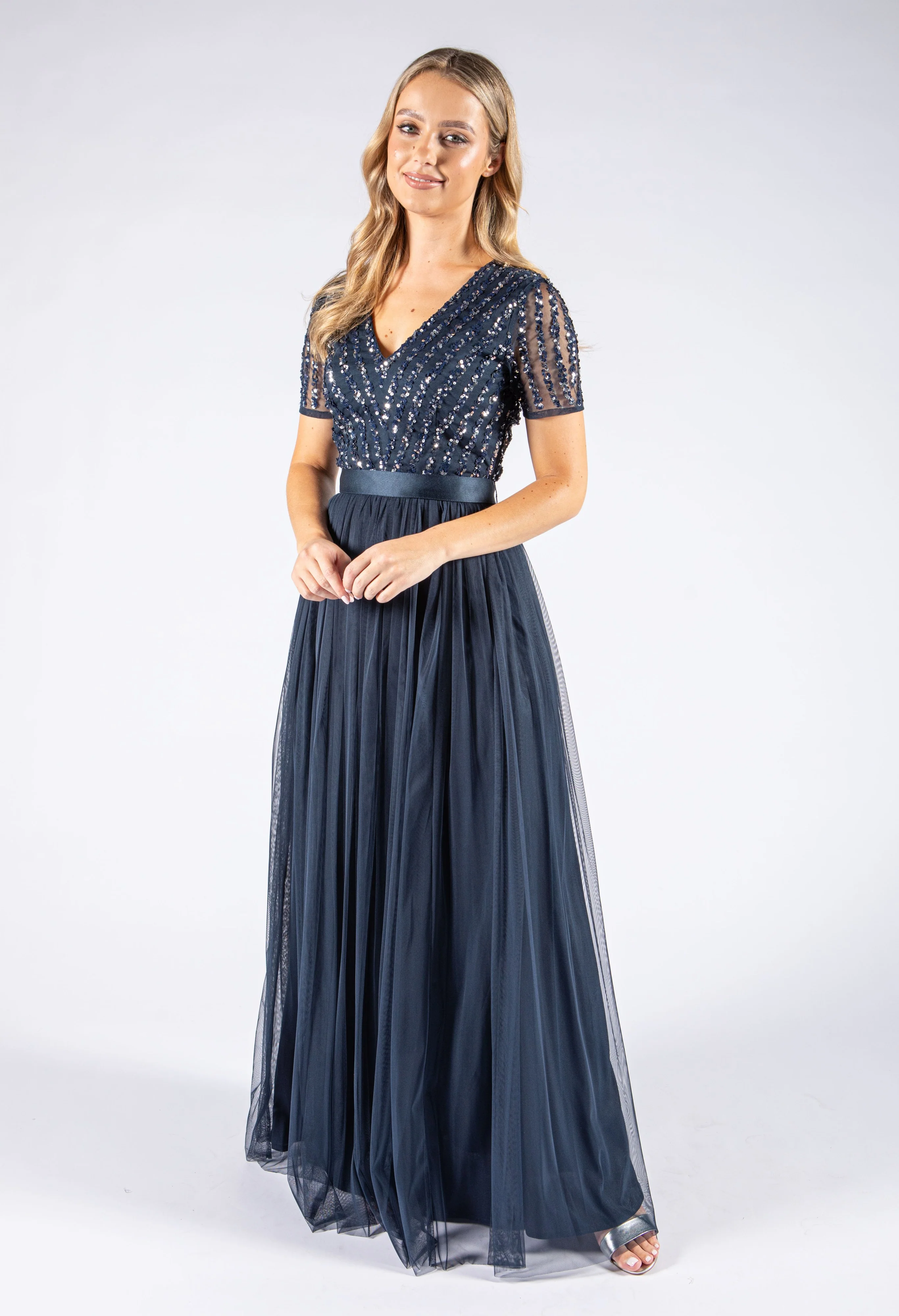 NAVY V NECK SEQUIN AND TULLE DRESS WITH TIE WAIST - Image 7
