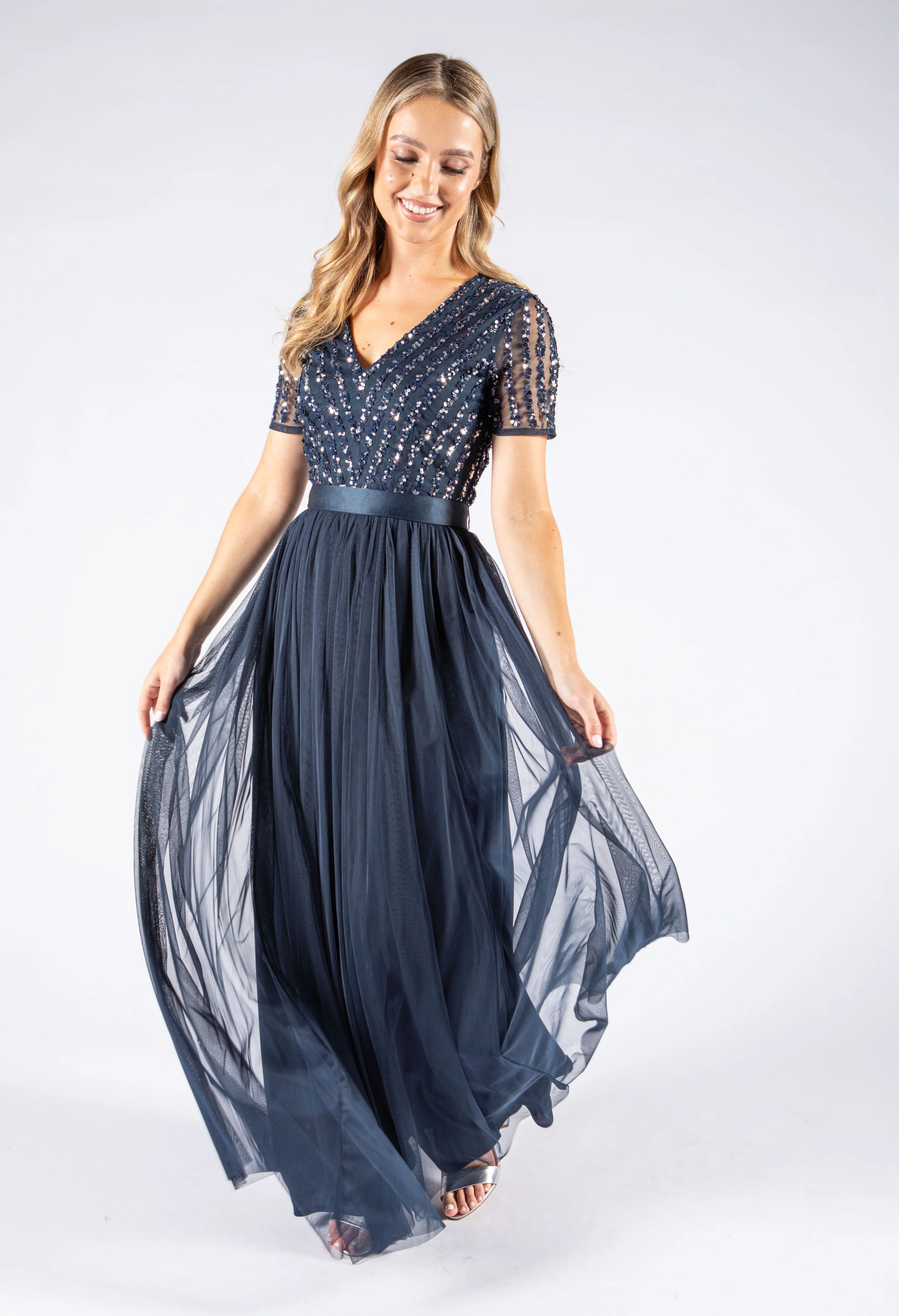 NAVY V NECK SEQUIN AND TULLE DRESS WITH TIE WAIST - Image 8