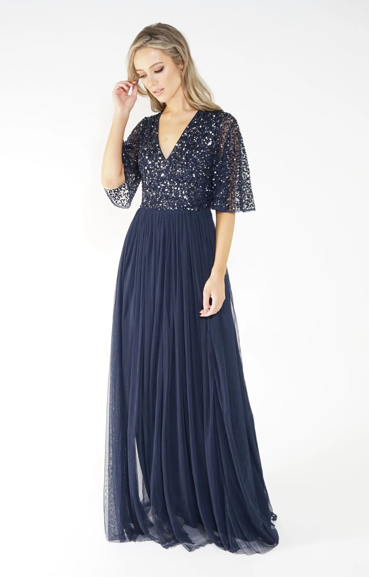 NAVY V NECK TULLE DRESS - Image 8