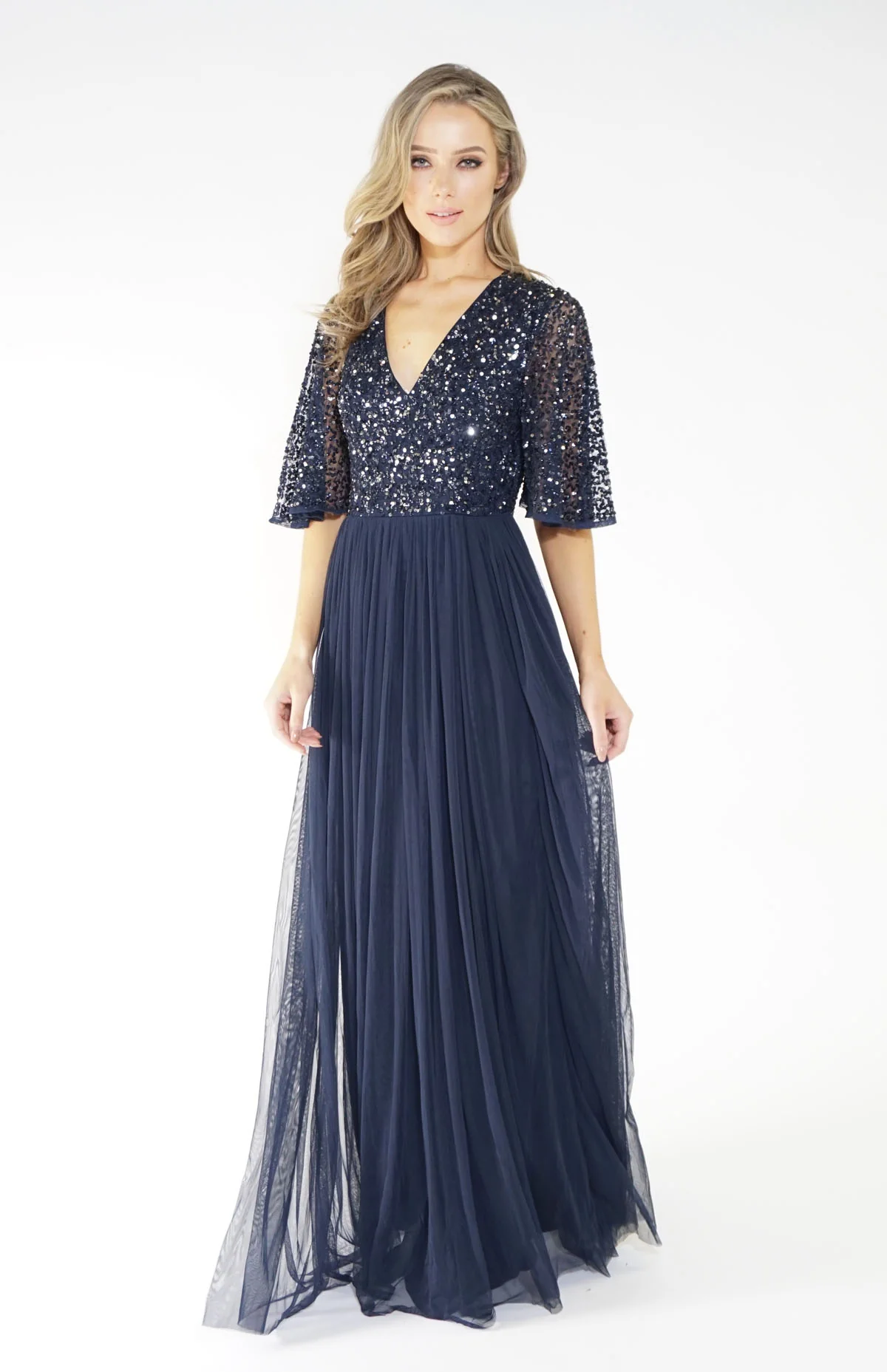 NAVY V NECK TULLE DRESS - Image 9