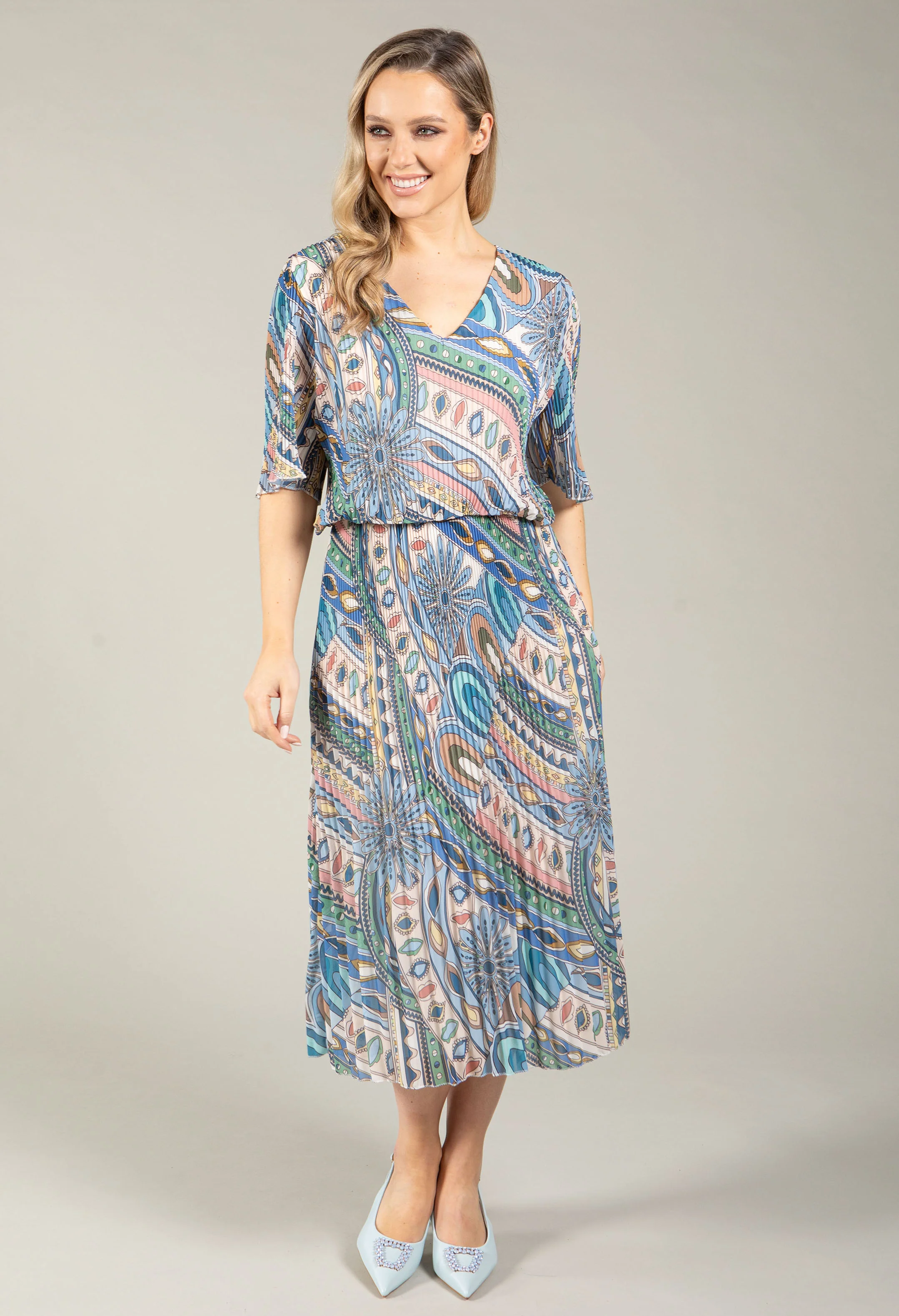 Paisley Print Plisse Pleated Pop Over Dress - Image 2