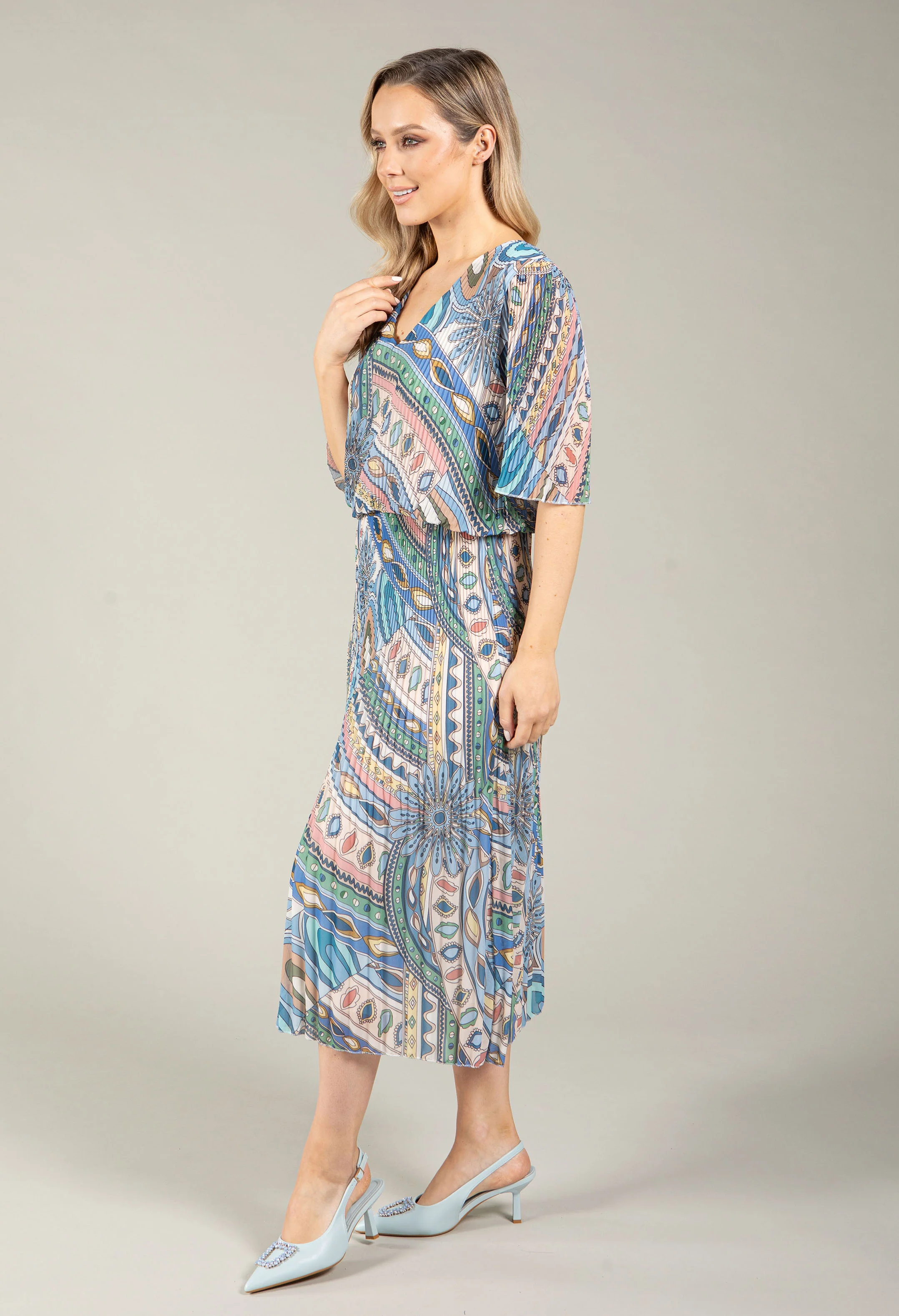 Paisley Print Plisse Pleated Pop Over Dress - Image 3