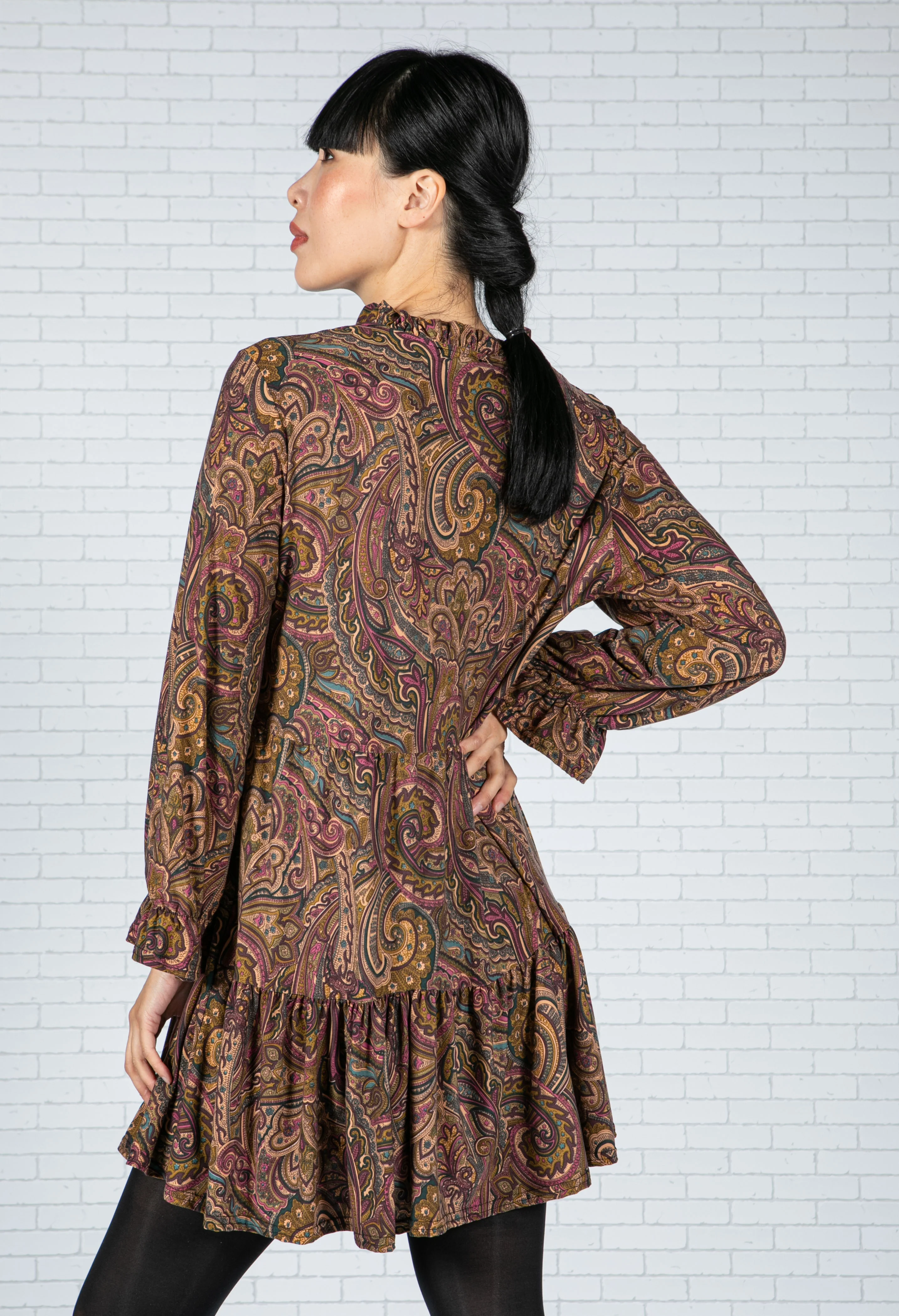 Paisley V-Neck Dress in Wine - Image 3