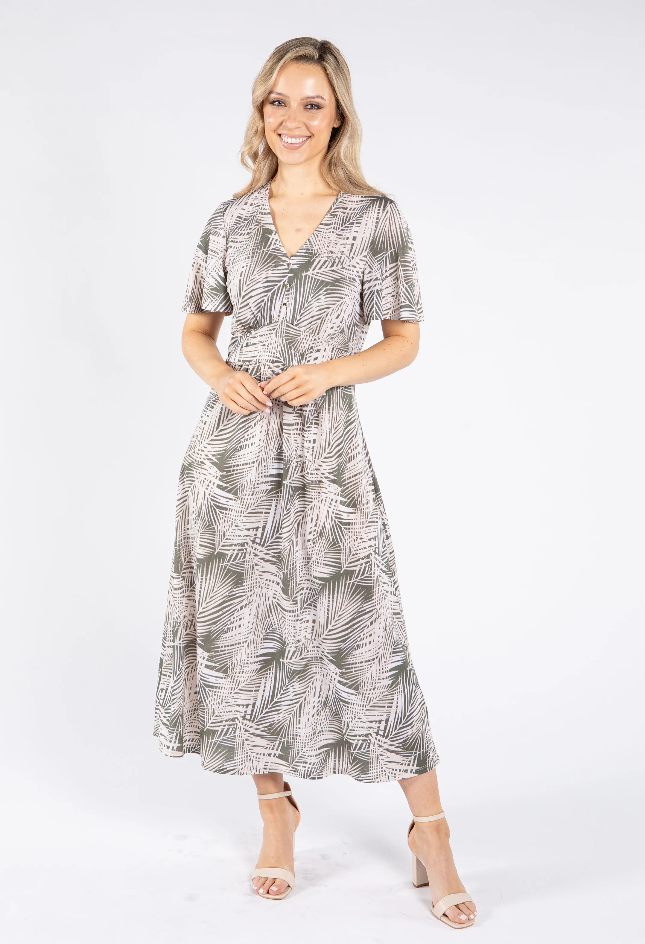 Palm Print V Neck Midi Dress - Image 3
