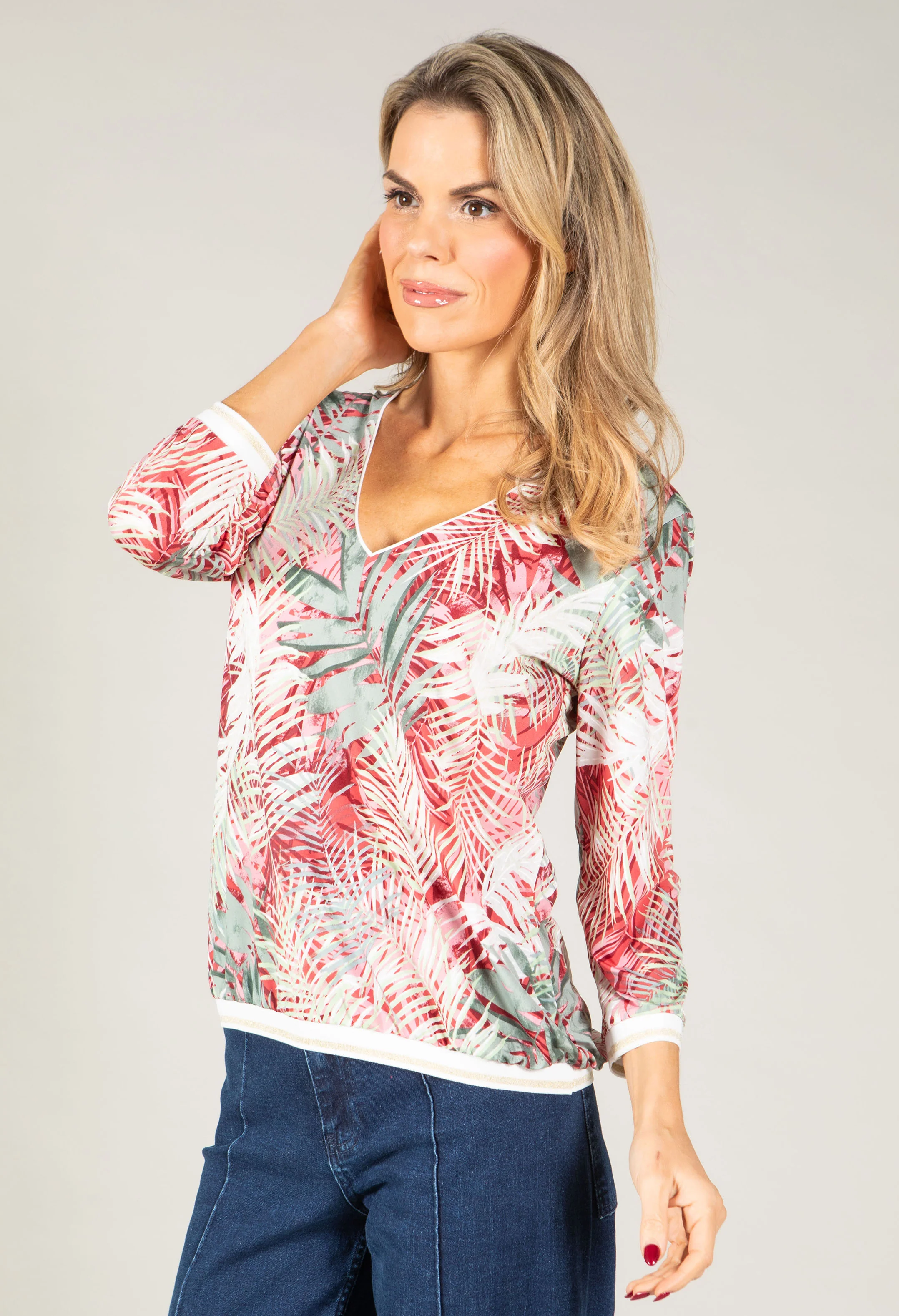 Palm Print V-Neck Silk Feel Top - Image 2
