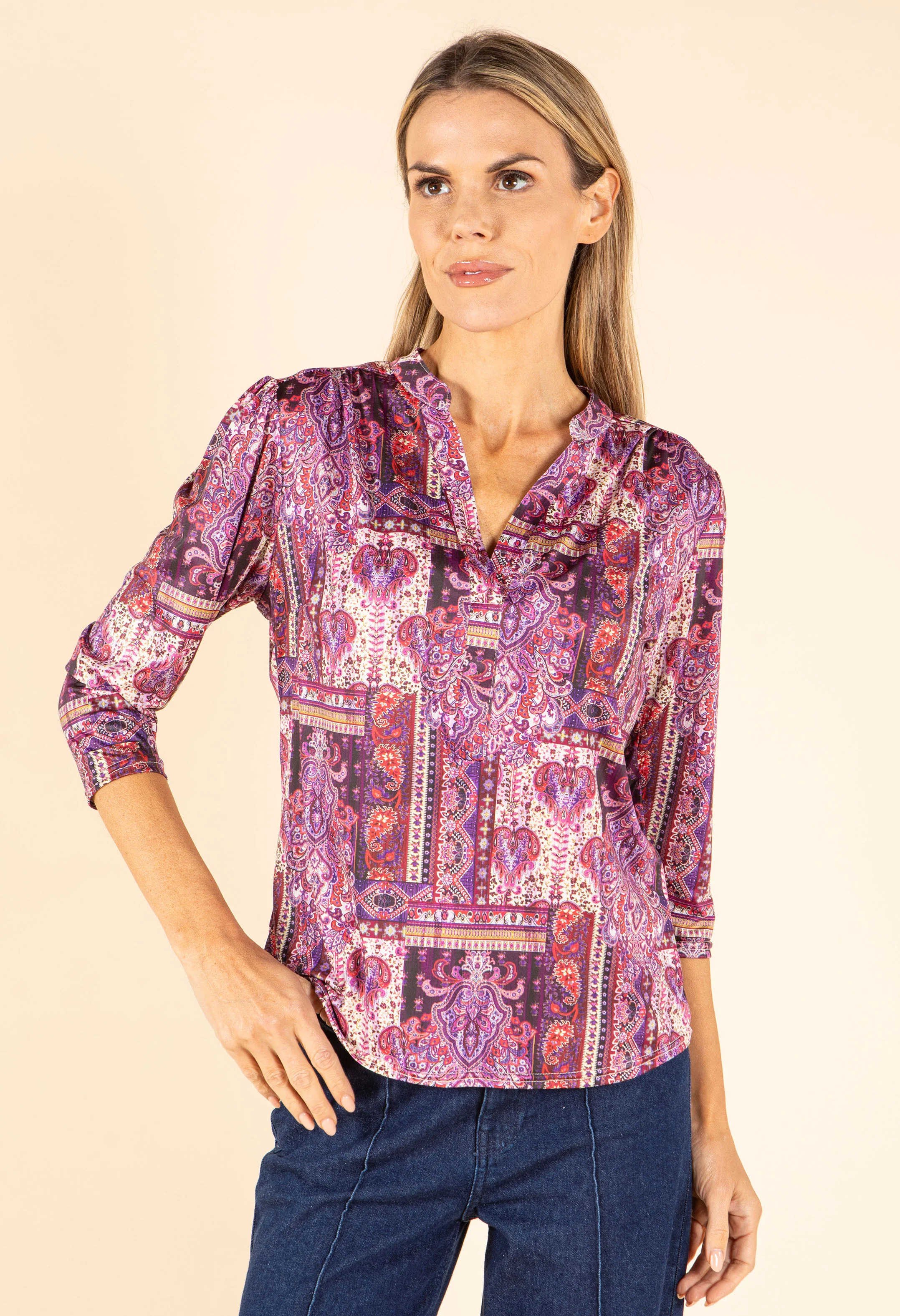 Patchwork Design V-Neck Top - Image 10