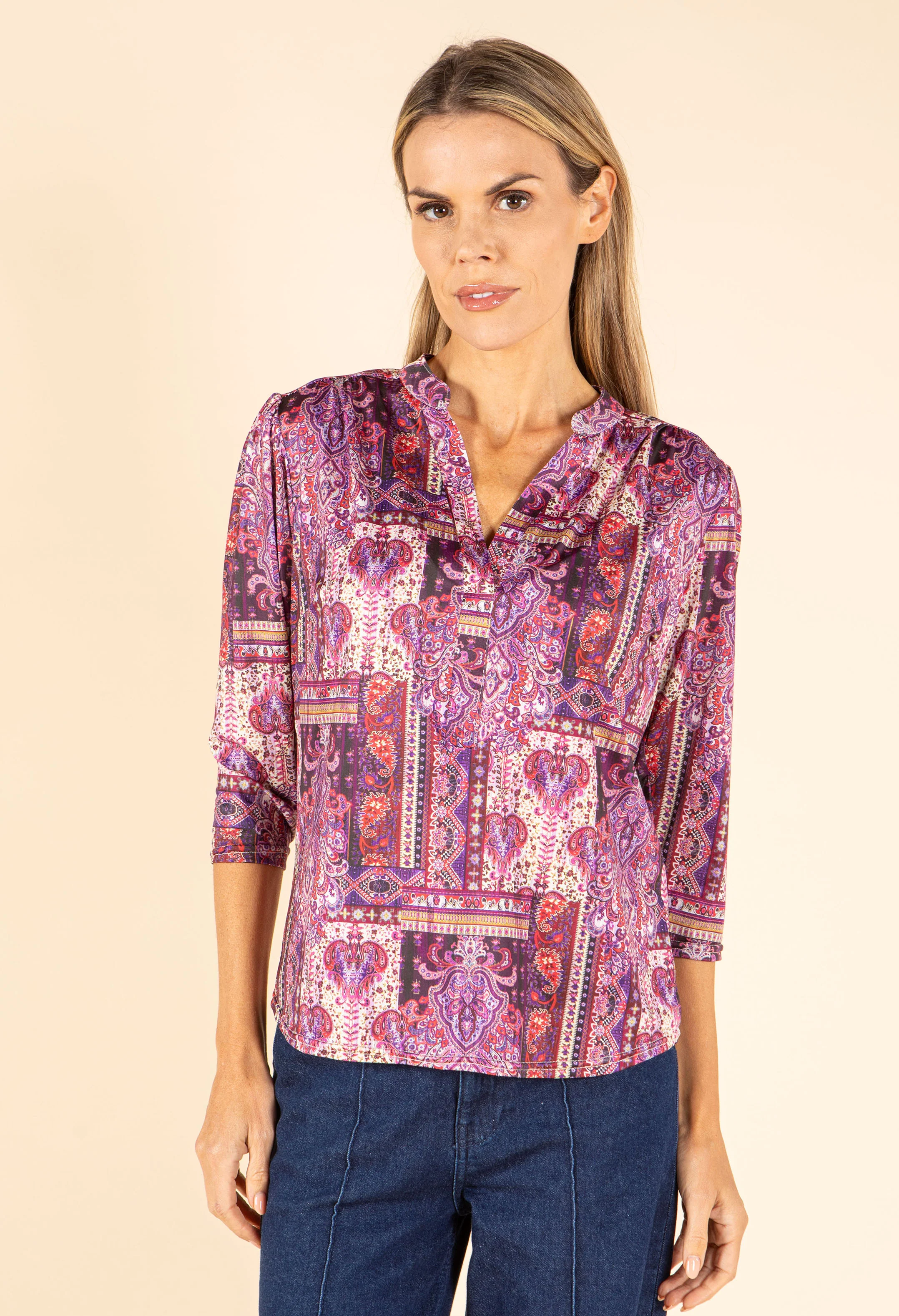 Patchwork Design V-Neck Top - Image 11