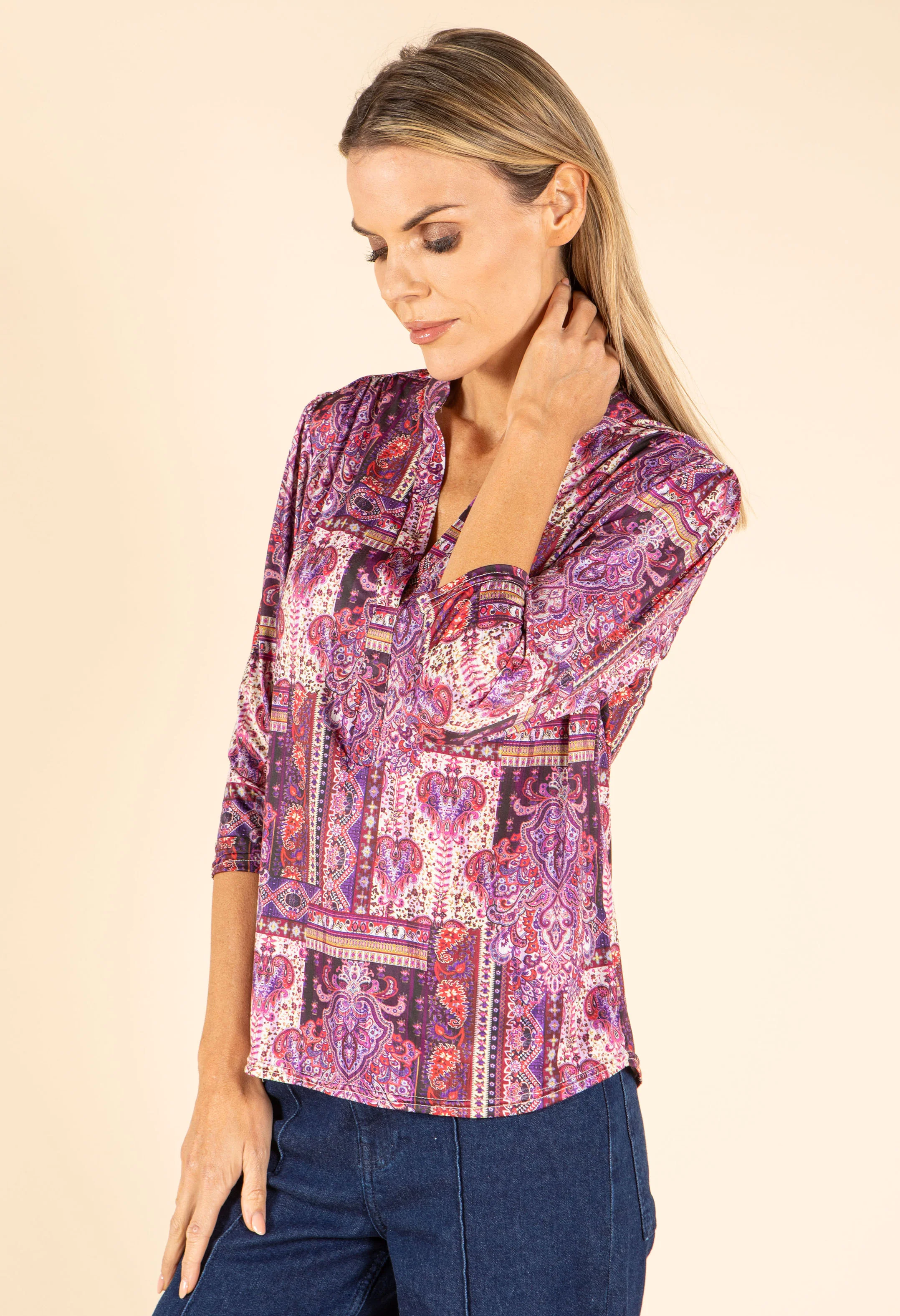 Patchwork Design V-Neck Top - Image 12