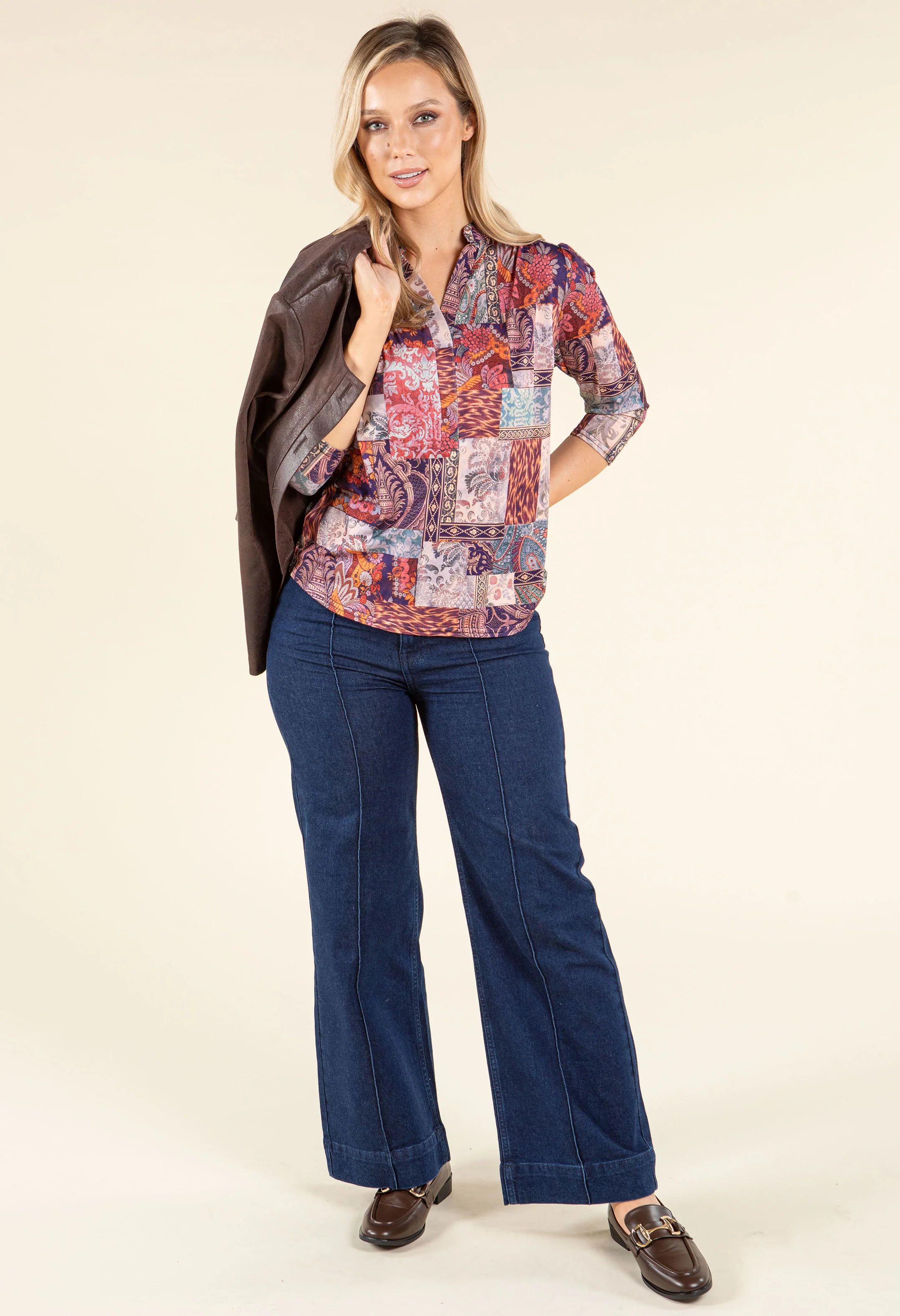 Patchwork Design V-Neck Top - Image 6