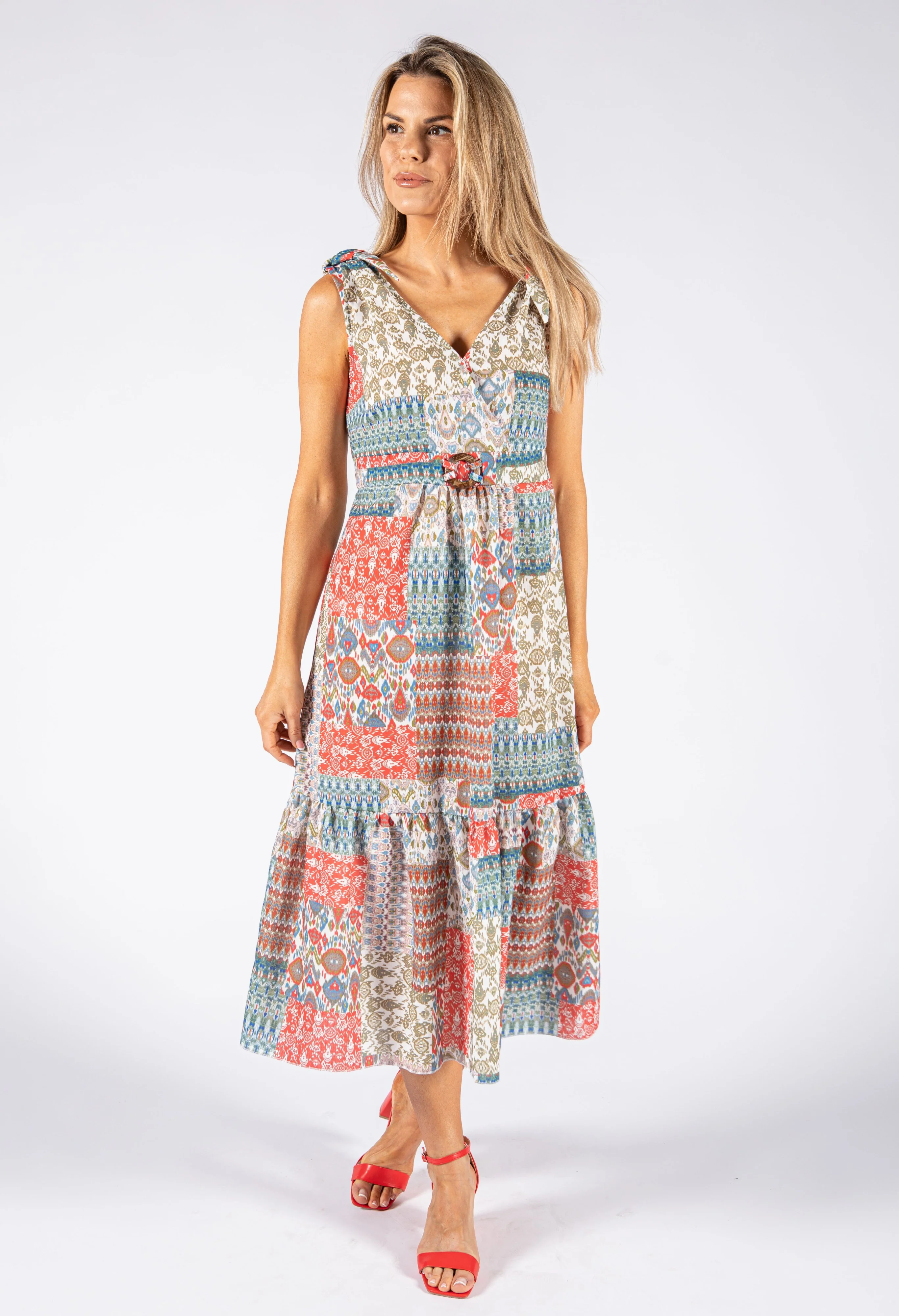 Patchwork Print V Neckline Dress - Image 3