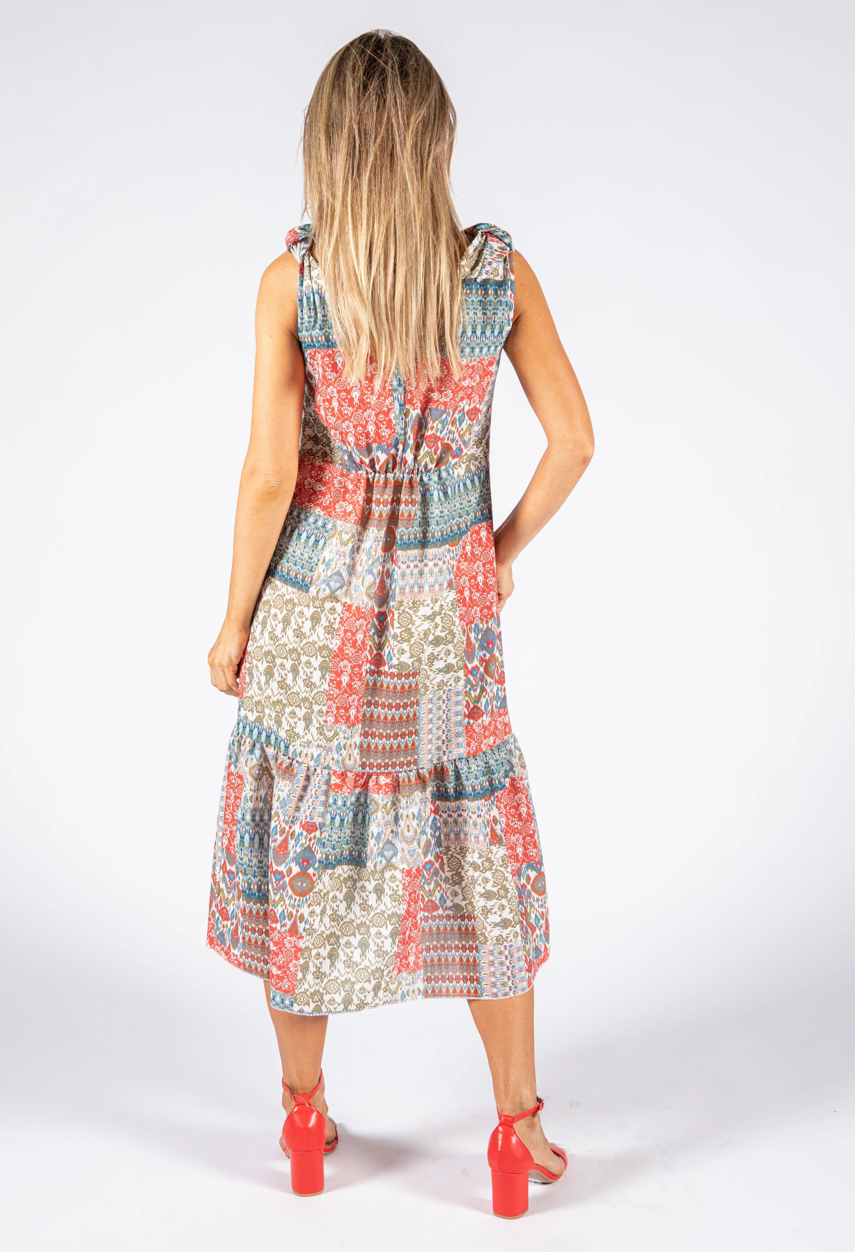 Patchwork Print V Neckline Dress - Image 4