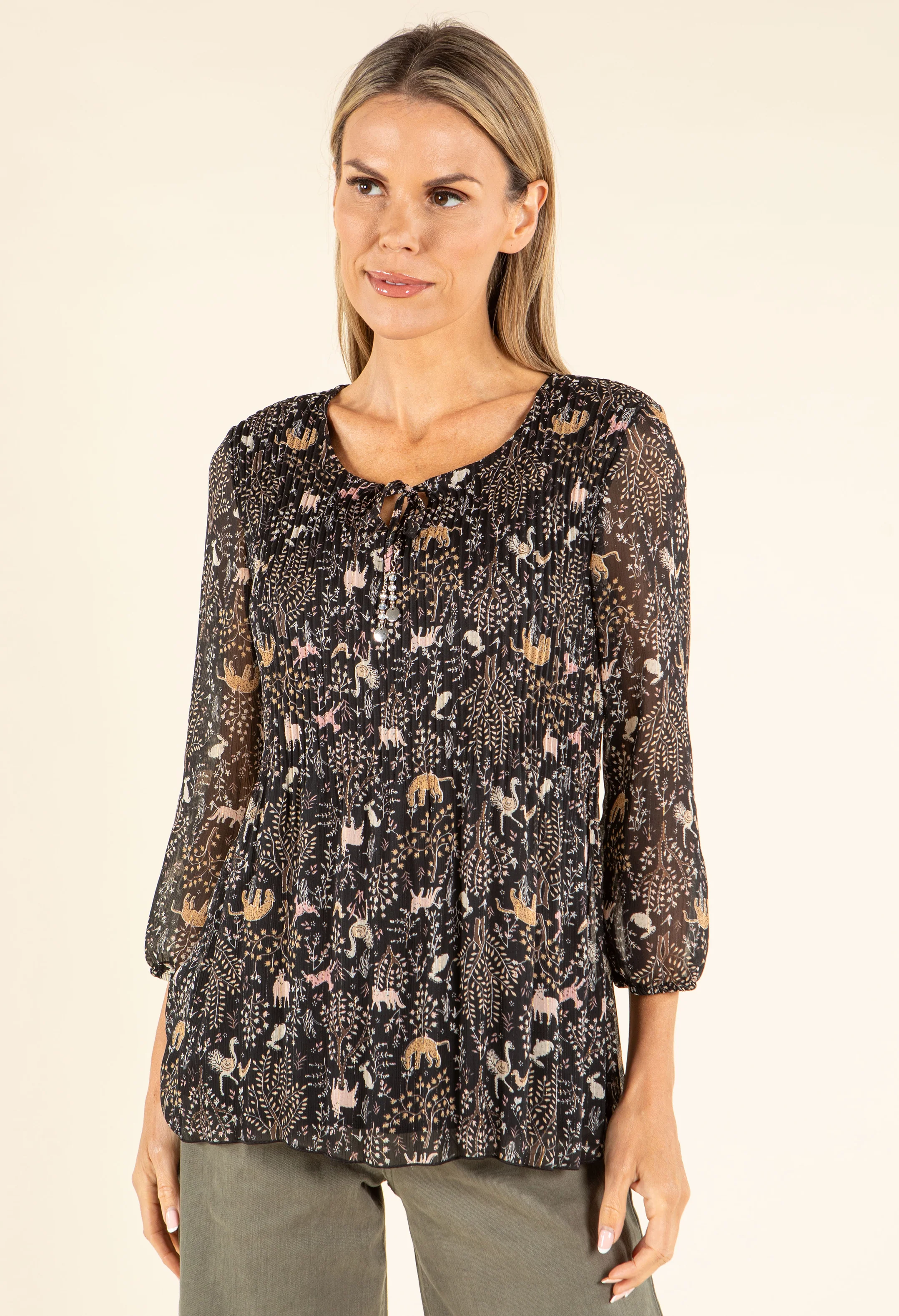 Plisse Pleated Animal Print Blouse - Image 2