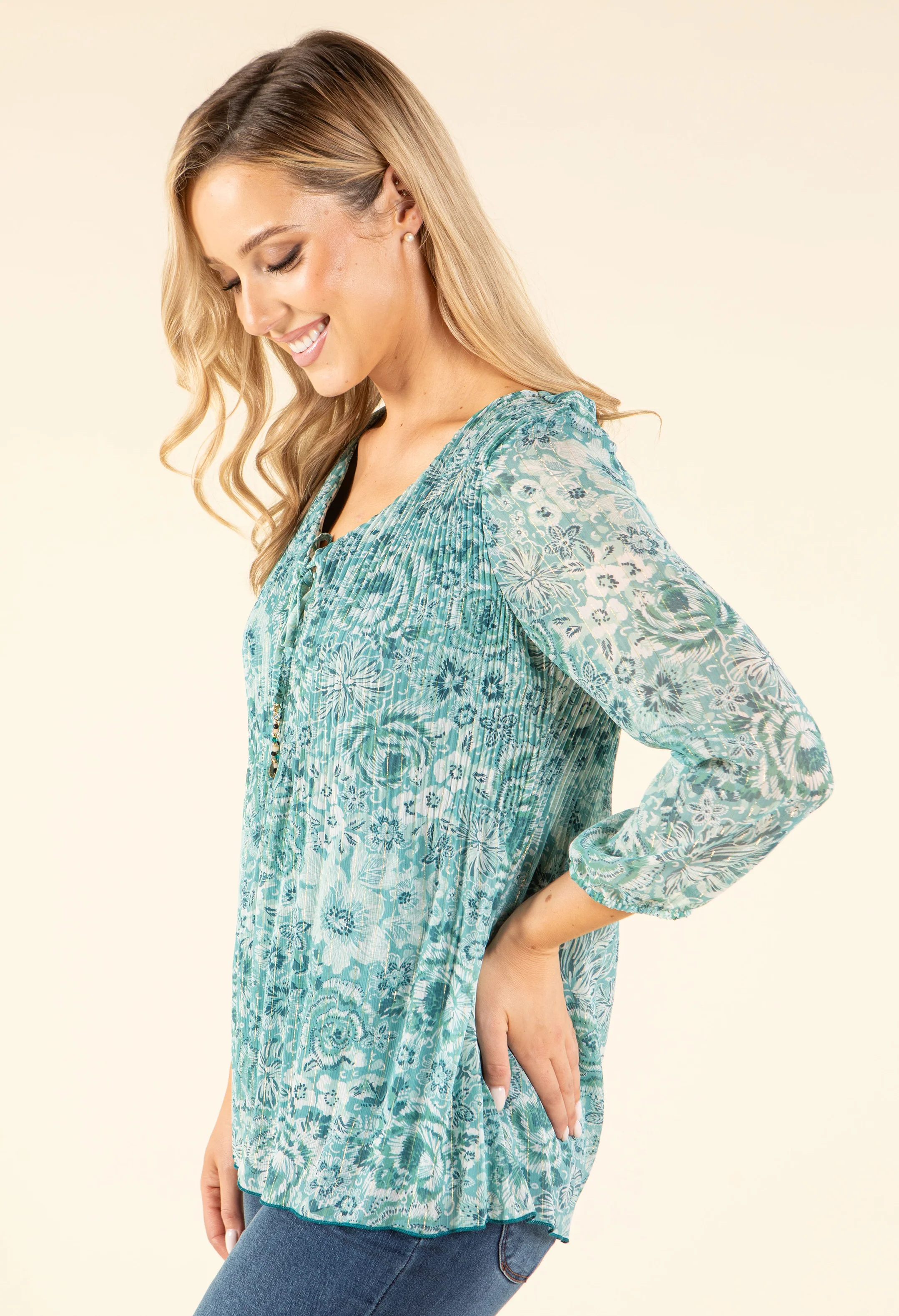 Plisse Pleated Floral Blouse - Image 2