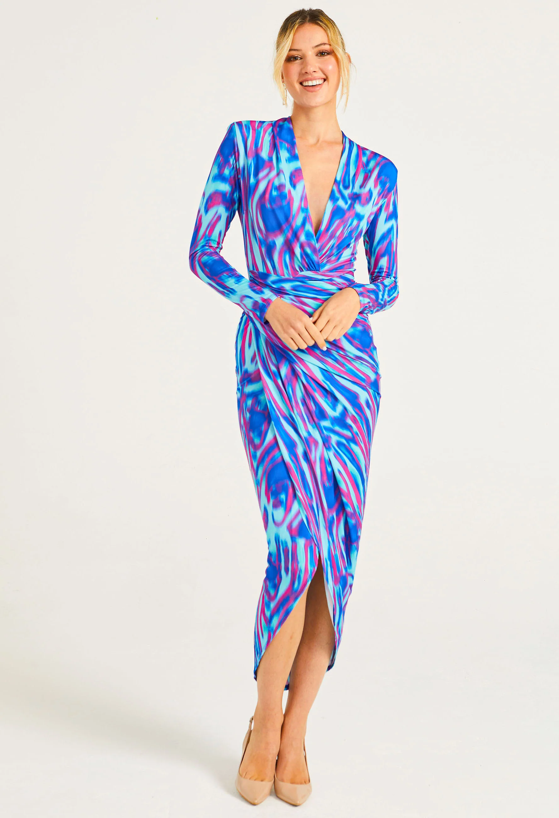 Plunge Neck Faux Wrap Print Midi Dress - Image 3