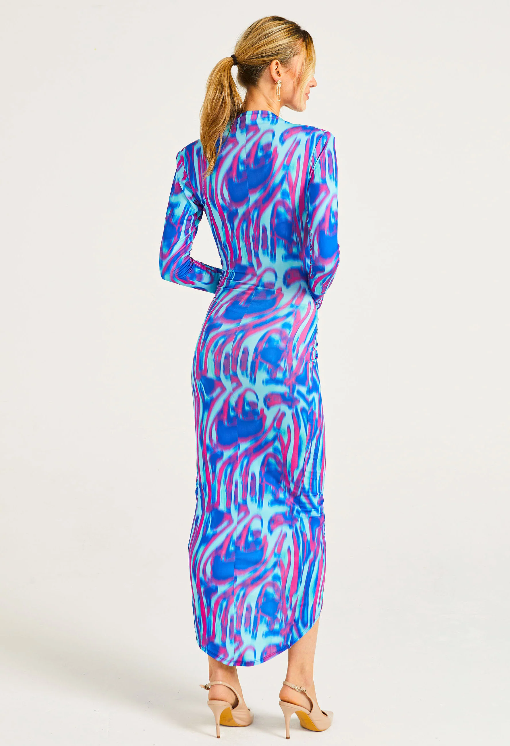 Plunge Neck Faux Wrap Print Midi Dress - Image 4