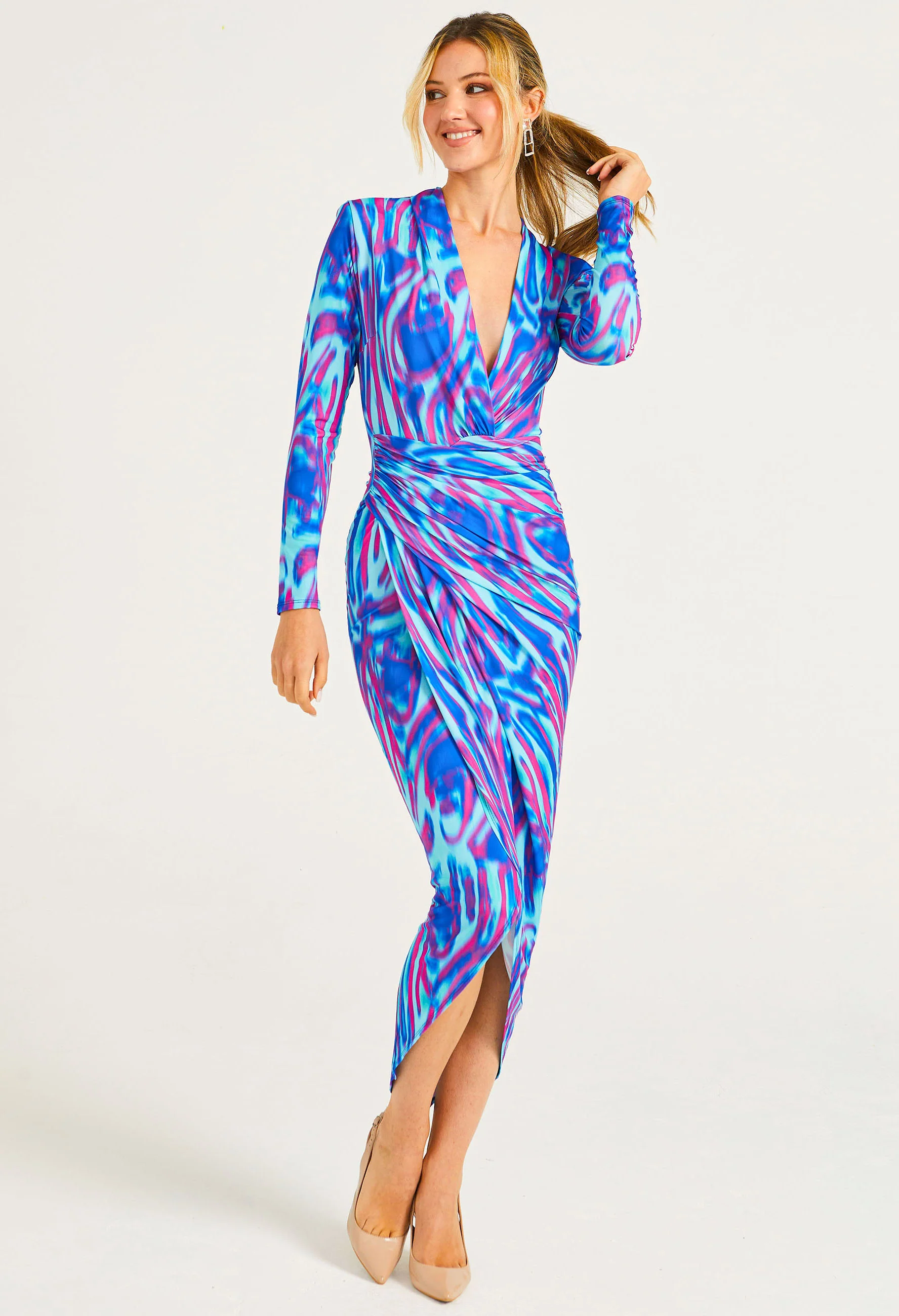 Plunge Neck Faux Wrap Print Midi Dress - Image 5