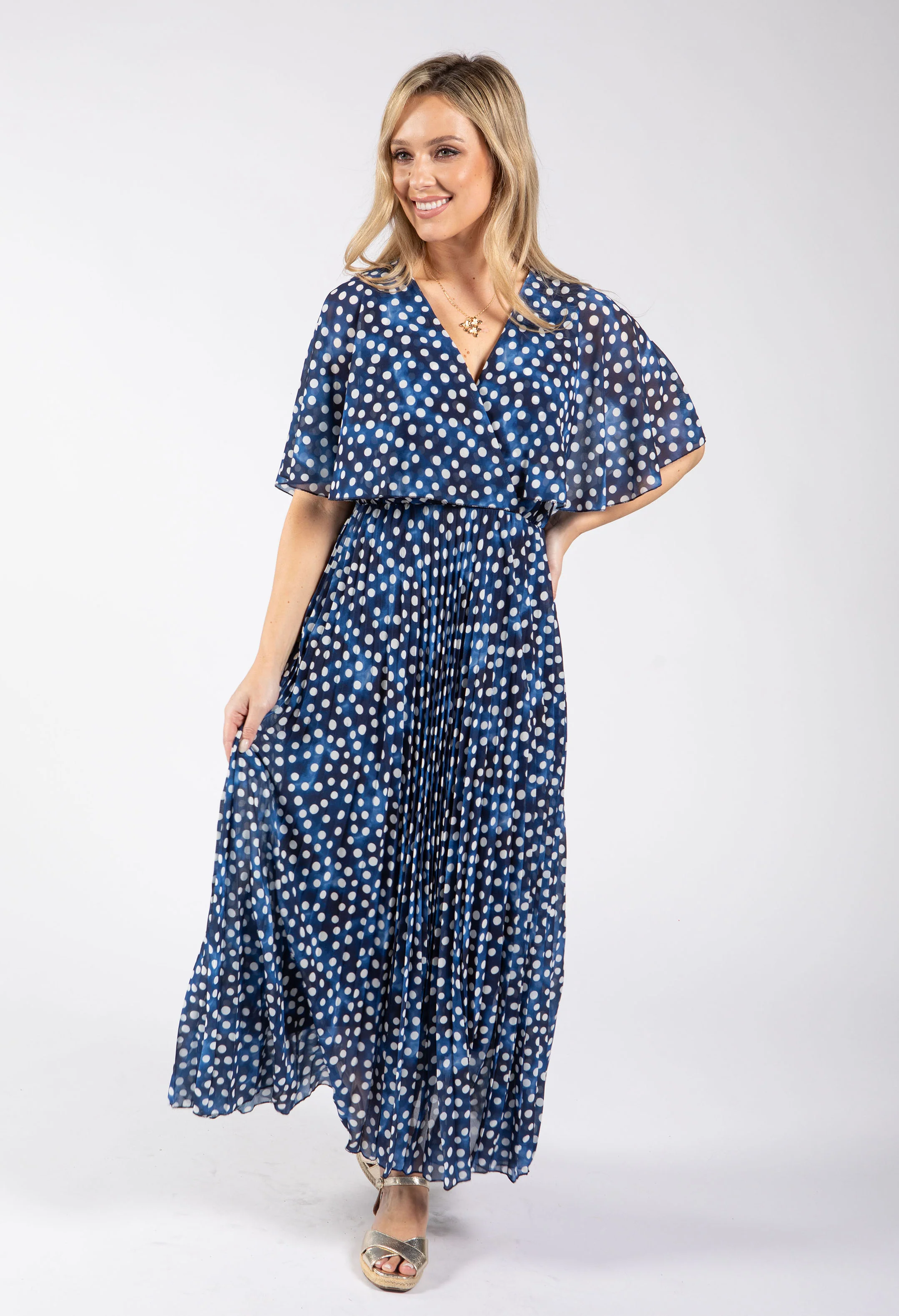 Polka Dot Plisse Pleated Wrap Midi Dress - Image 2
