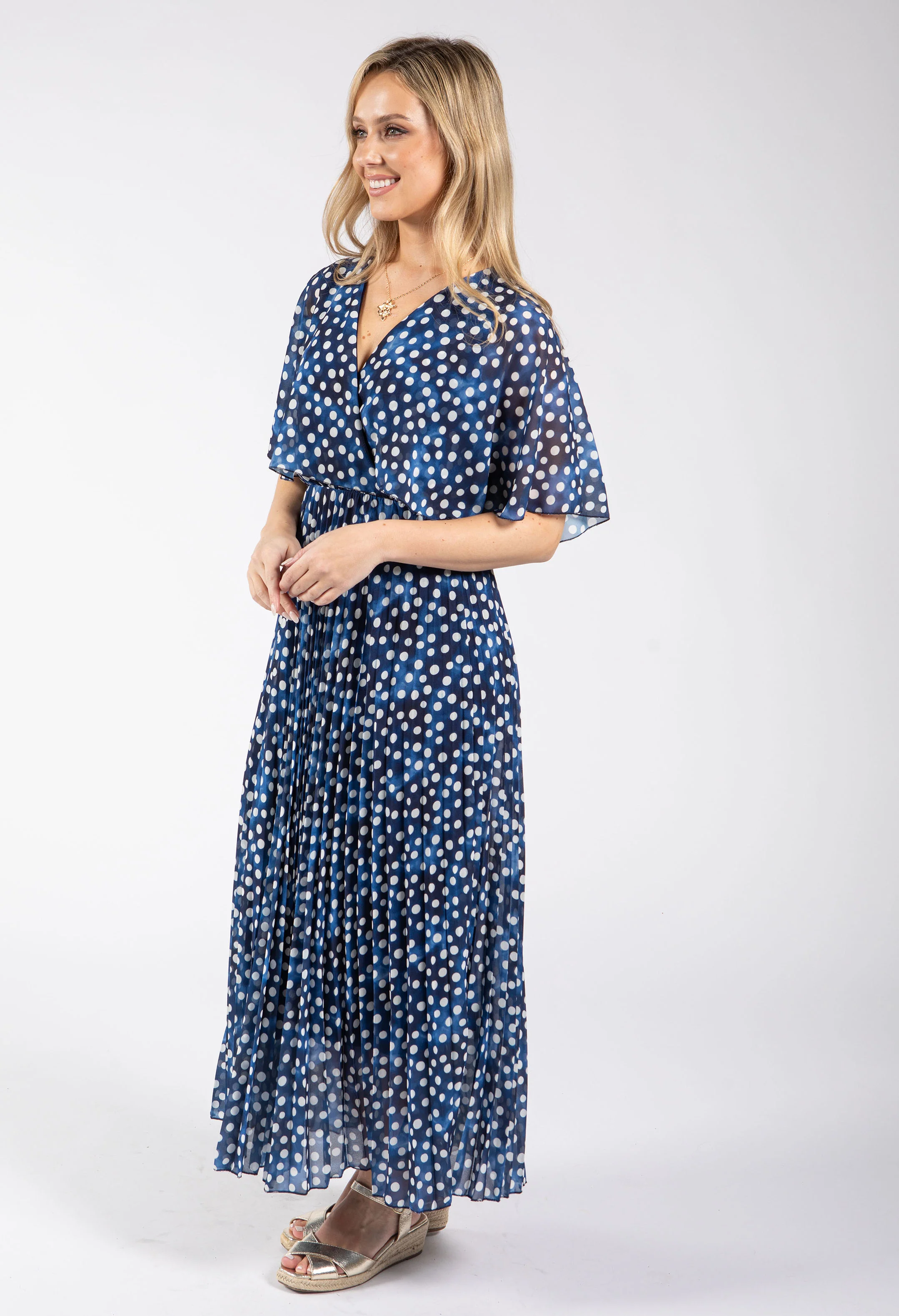 Polka Dot Plisse Pleated Wrap Midi Dress - Image 3