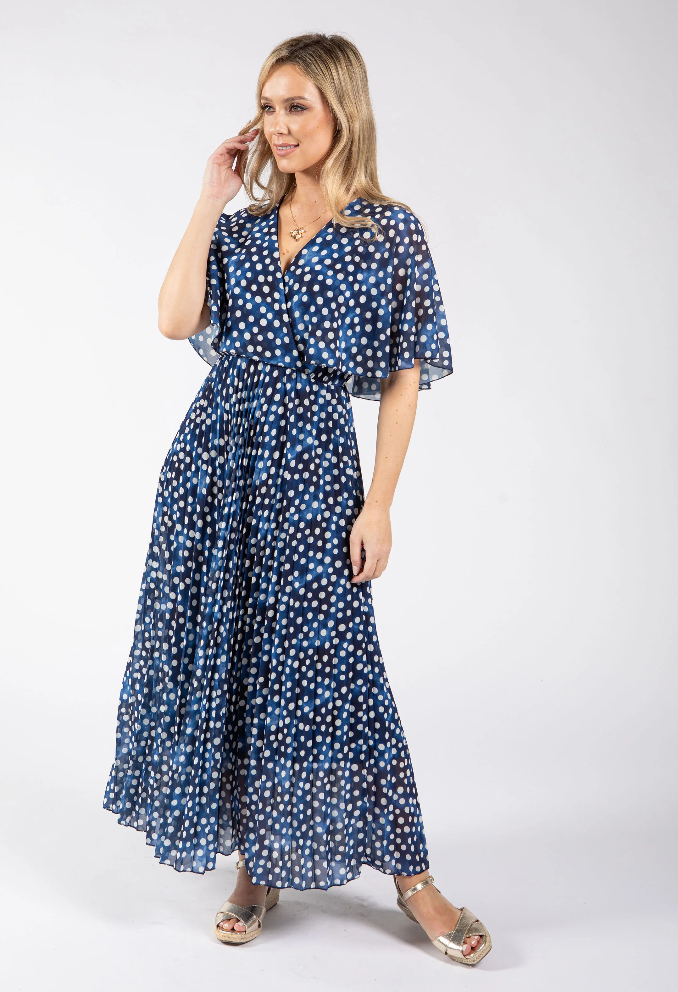 Polka Dot Plisse Pleated Wrap Midi Dress - Image 4